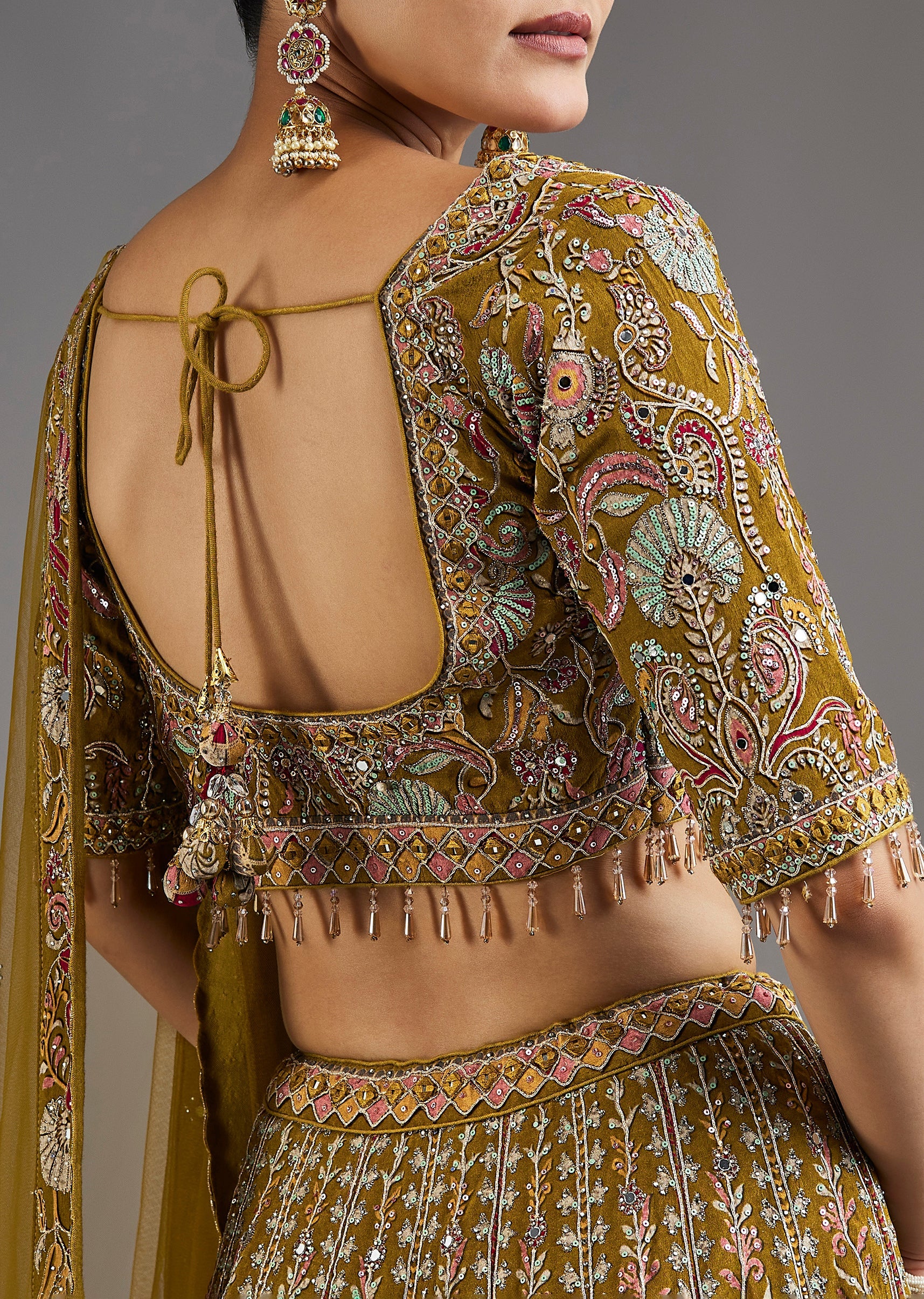 Mehendi Green Lehenga With Mirror Accents - Image 6