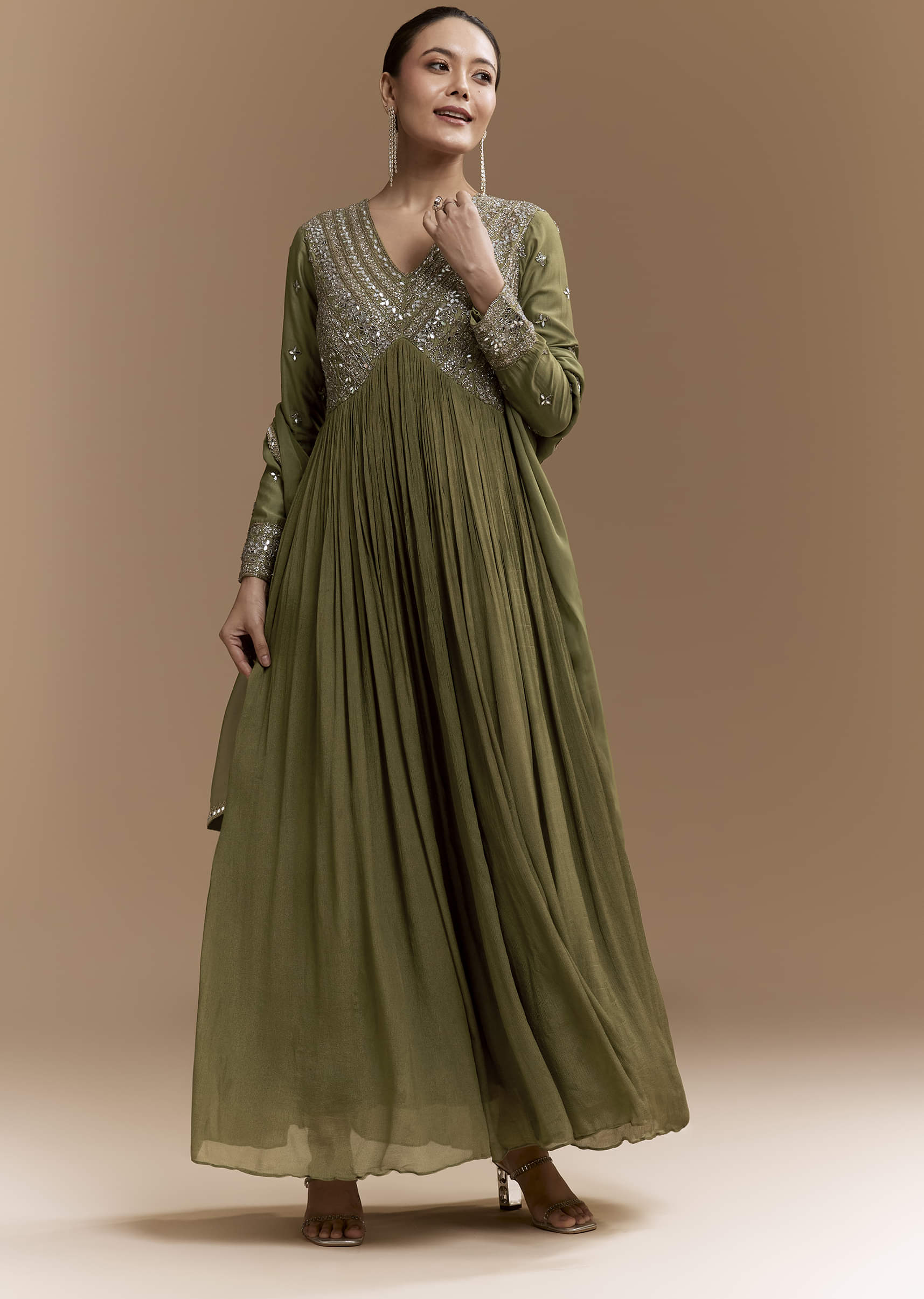 Mehendi Green Mirror Work Anarkali with Dupatta - Image 3