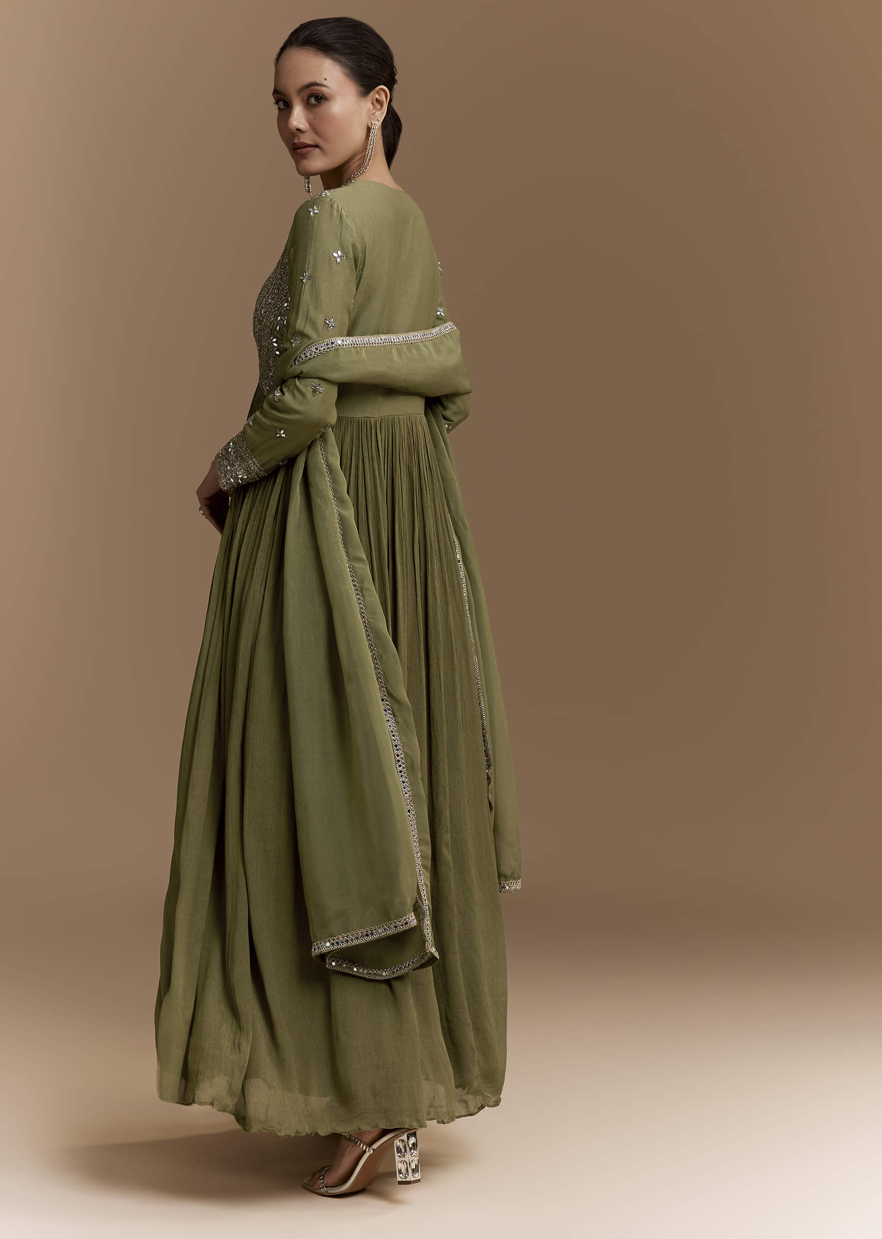 Mehendi Green Mirror Work Anarkali with Dupatta - Image 5
