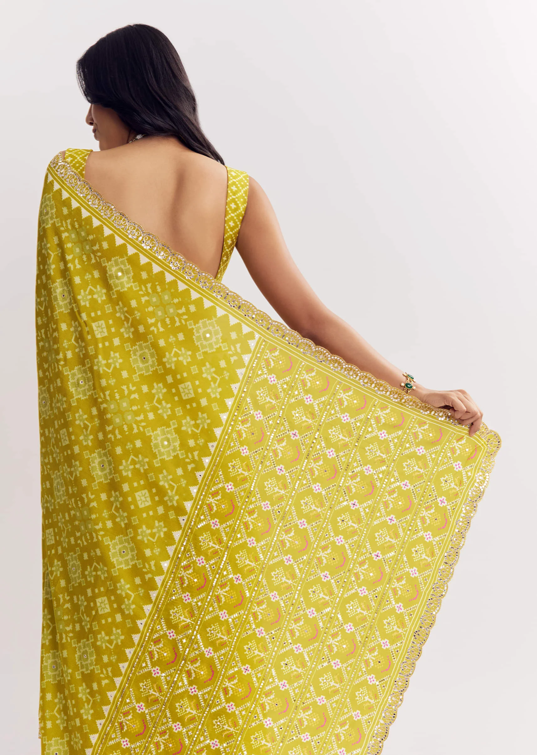 Mehendi Green Muslin Ajrakh Printed Saree With Gota And Mirror Work - Image 6