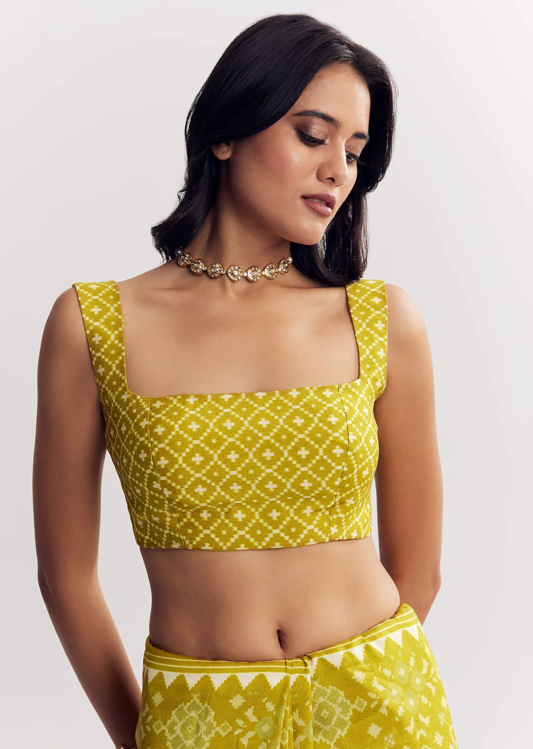 Mehendi Green Muslin Ajrakh Printed Saree With Gota And Mirror Work - Image 7