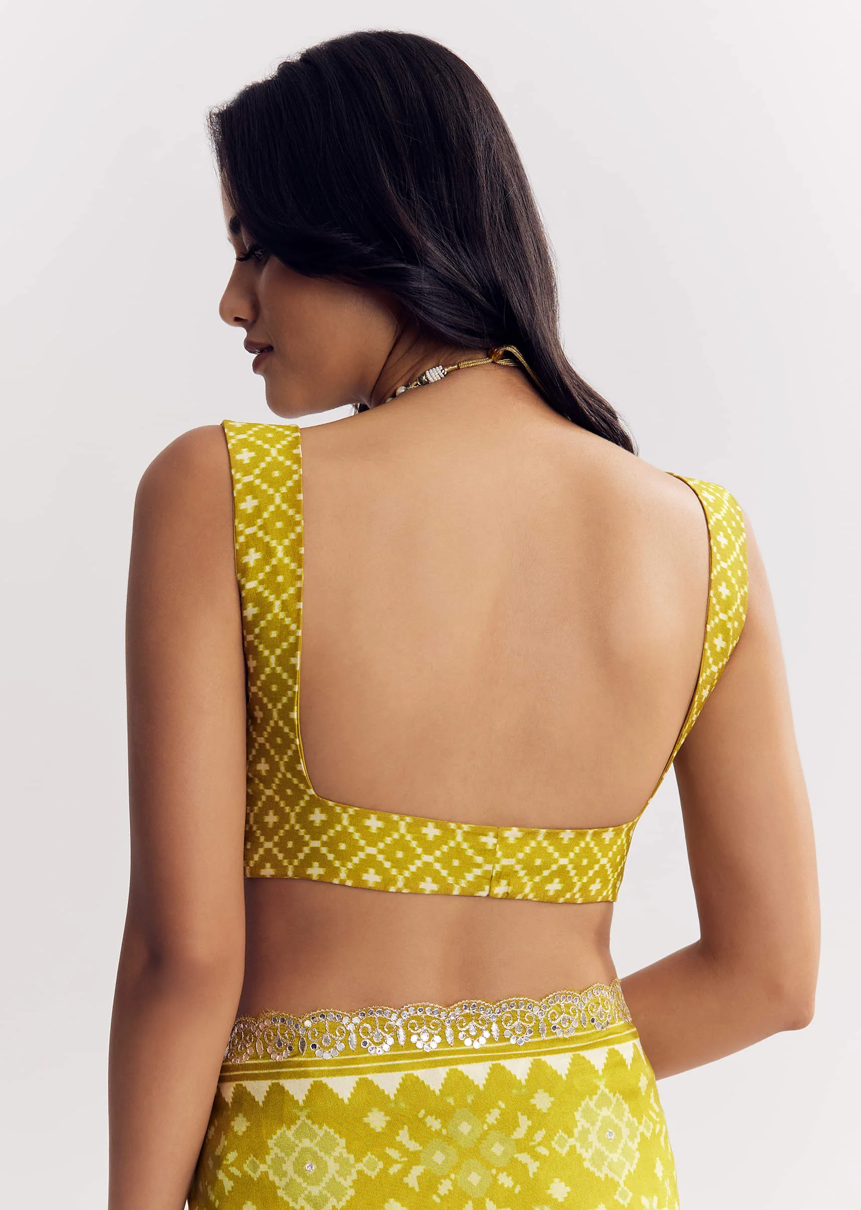 Mehendi Green Muslin Ajrakh Printed Saree With Gota And Mirror Work - Image 8