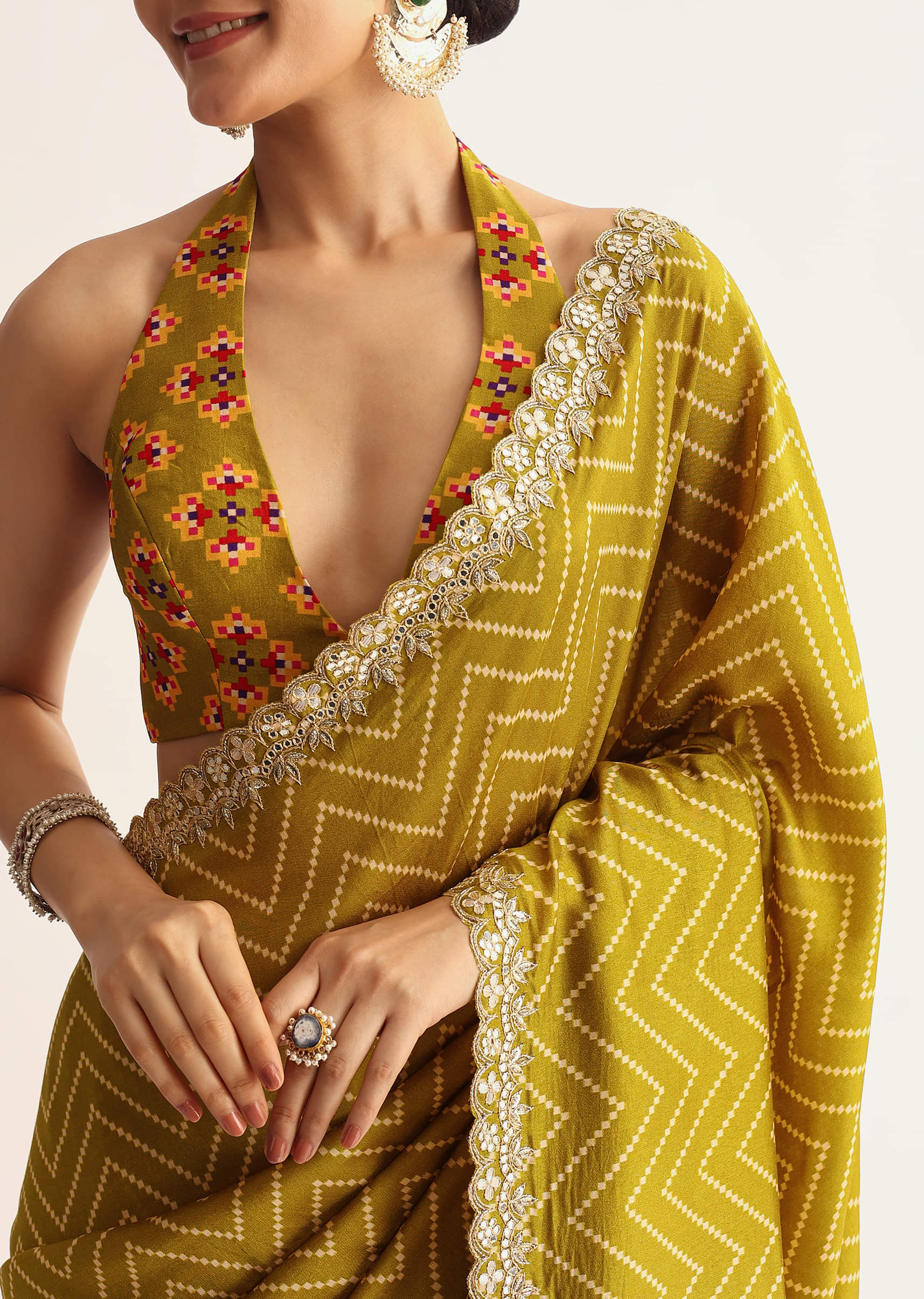 Mehendi Green Patola Printed Satin Saree With Scallop Embroidered Border - Image 2