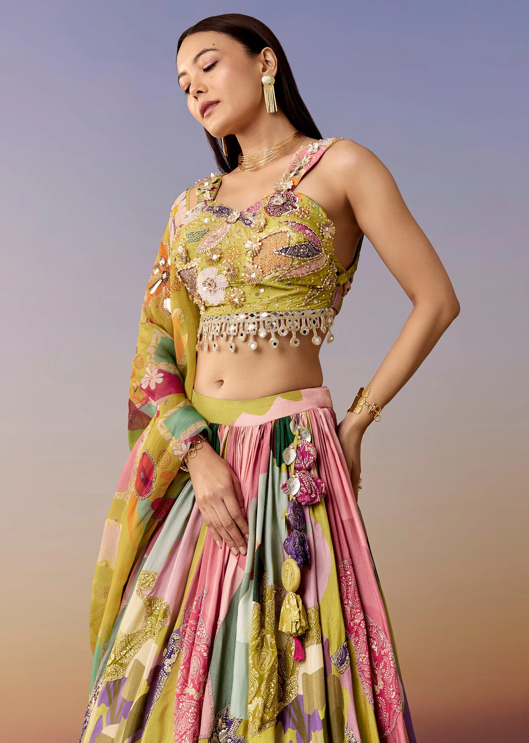 Mehendi Green Printed Bridesmaid Lehenga Set - Image 6