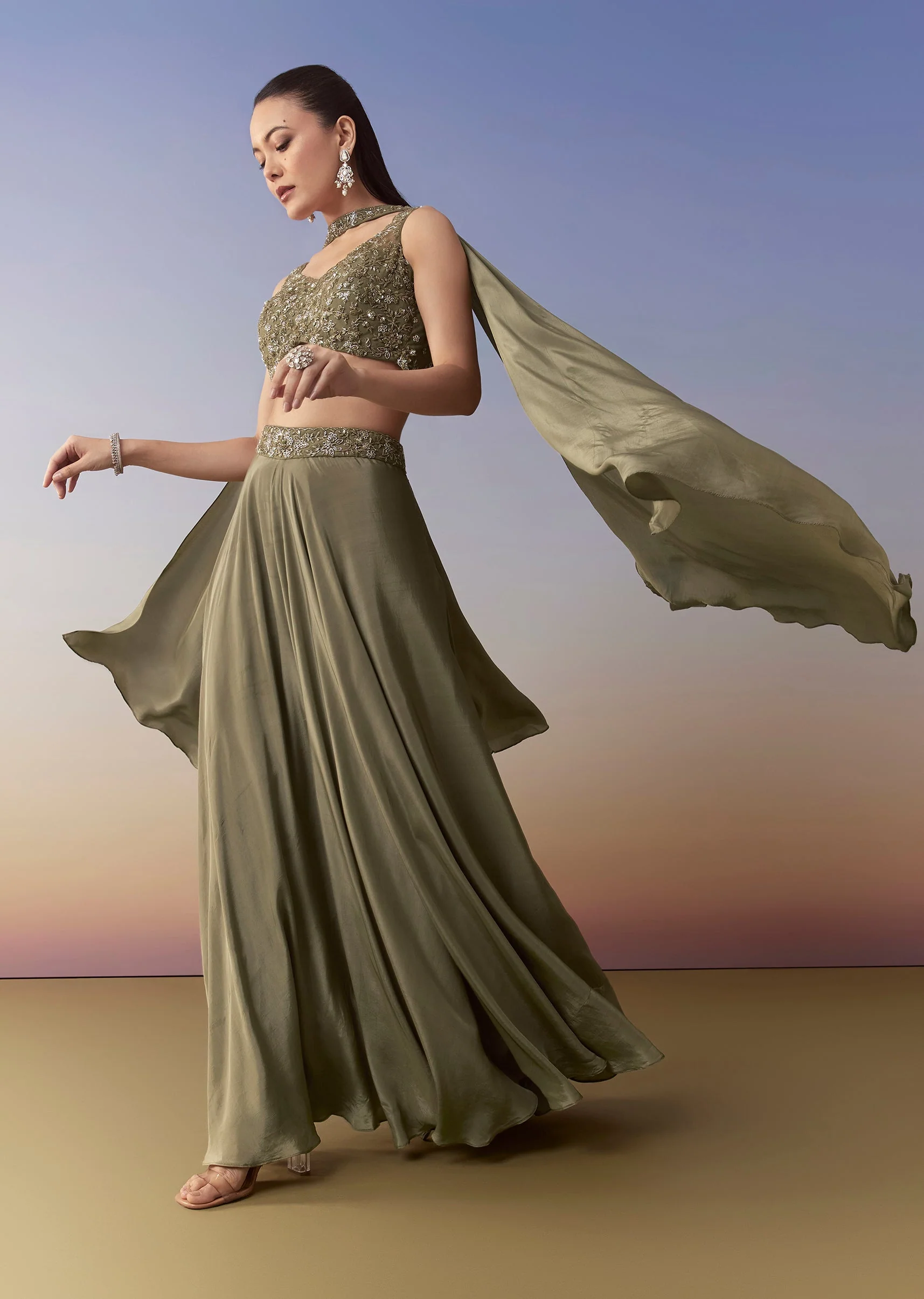 Mehendi Green Sequin Indo Western Crop Top Palazzo Set - Image 3