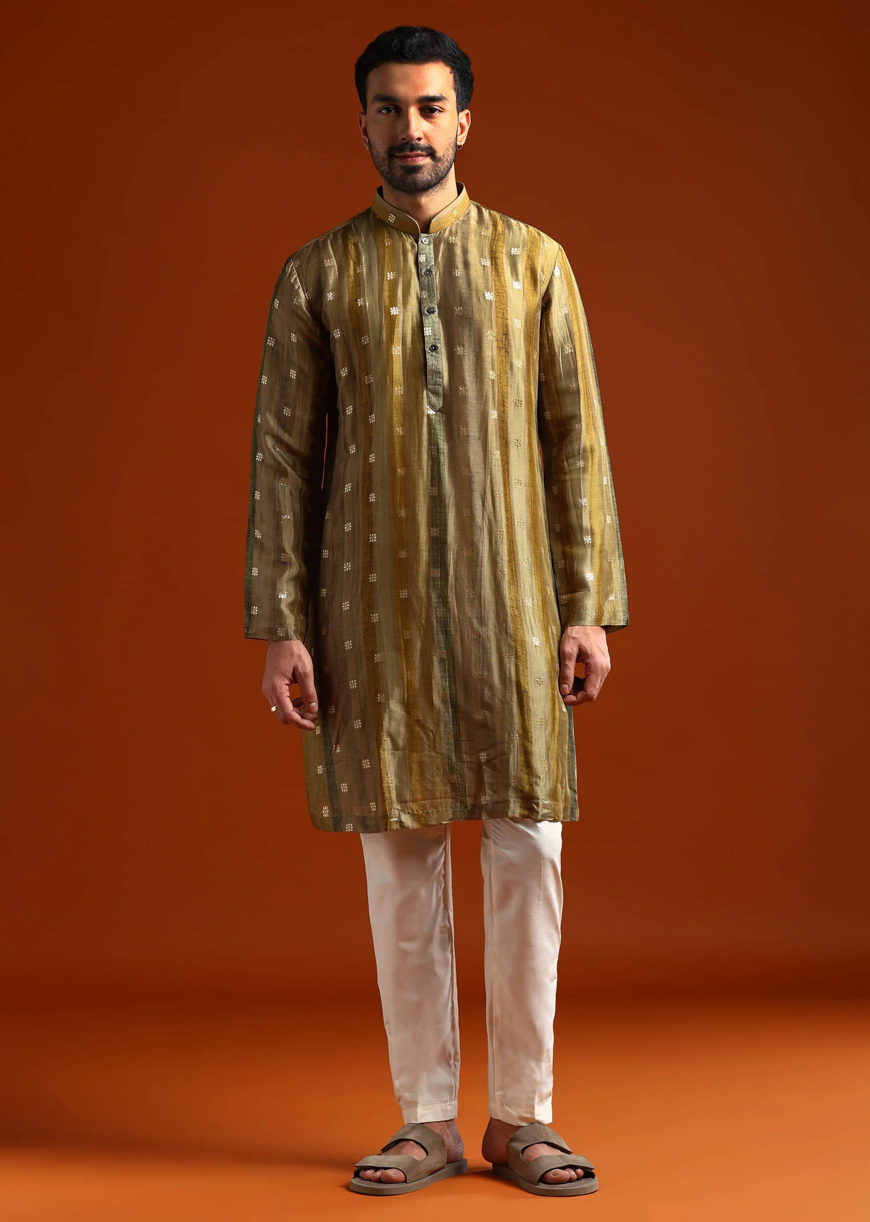 Mehendi Green Silk Kurta Set For Men With Zari Embroidery - Image 3
