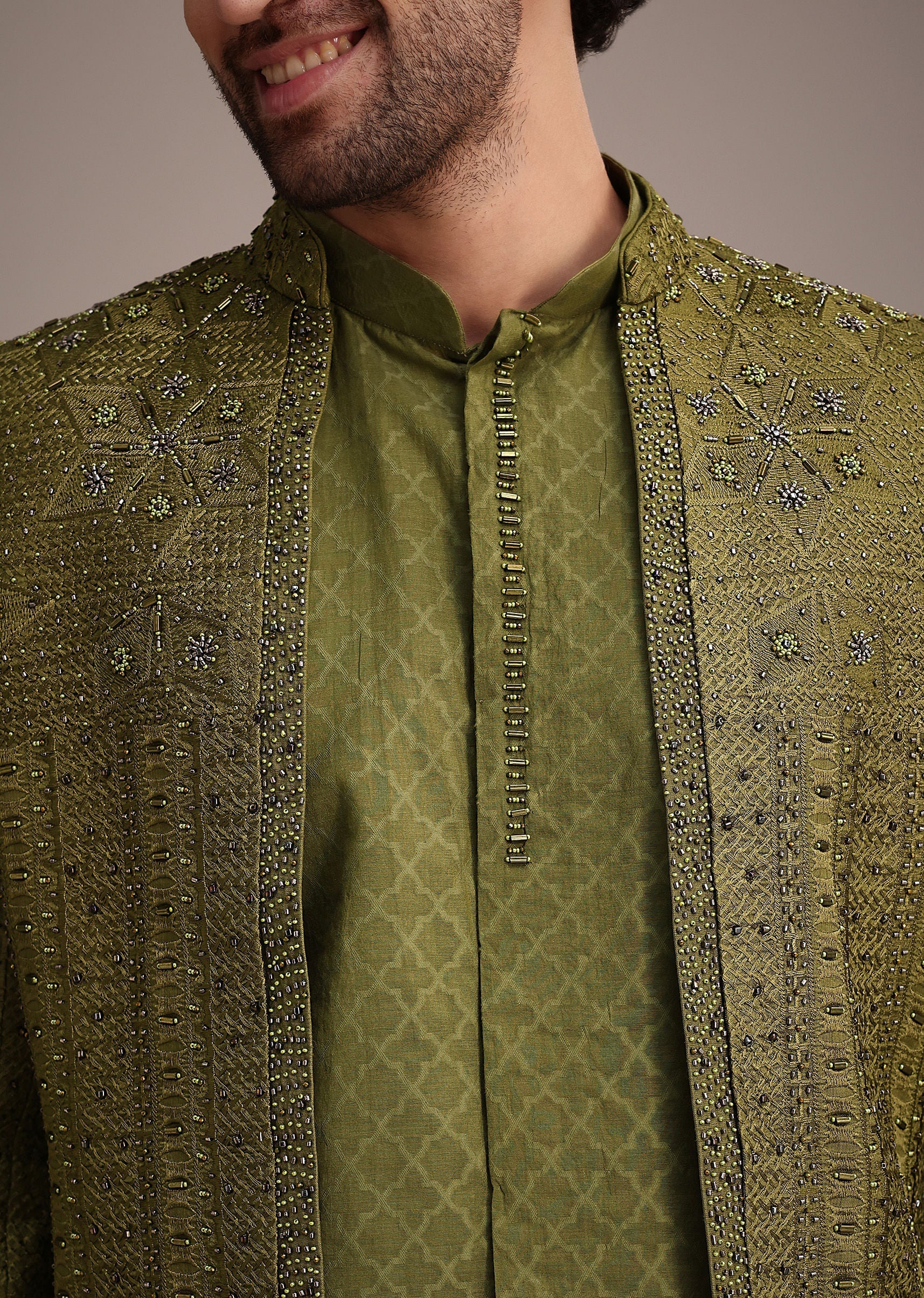 Mehendi Green Silk Zardosi Kurta Jacket Set - Image 2