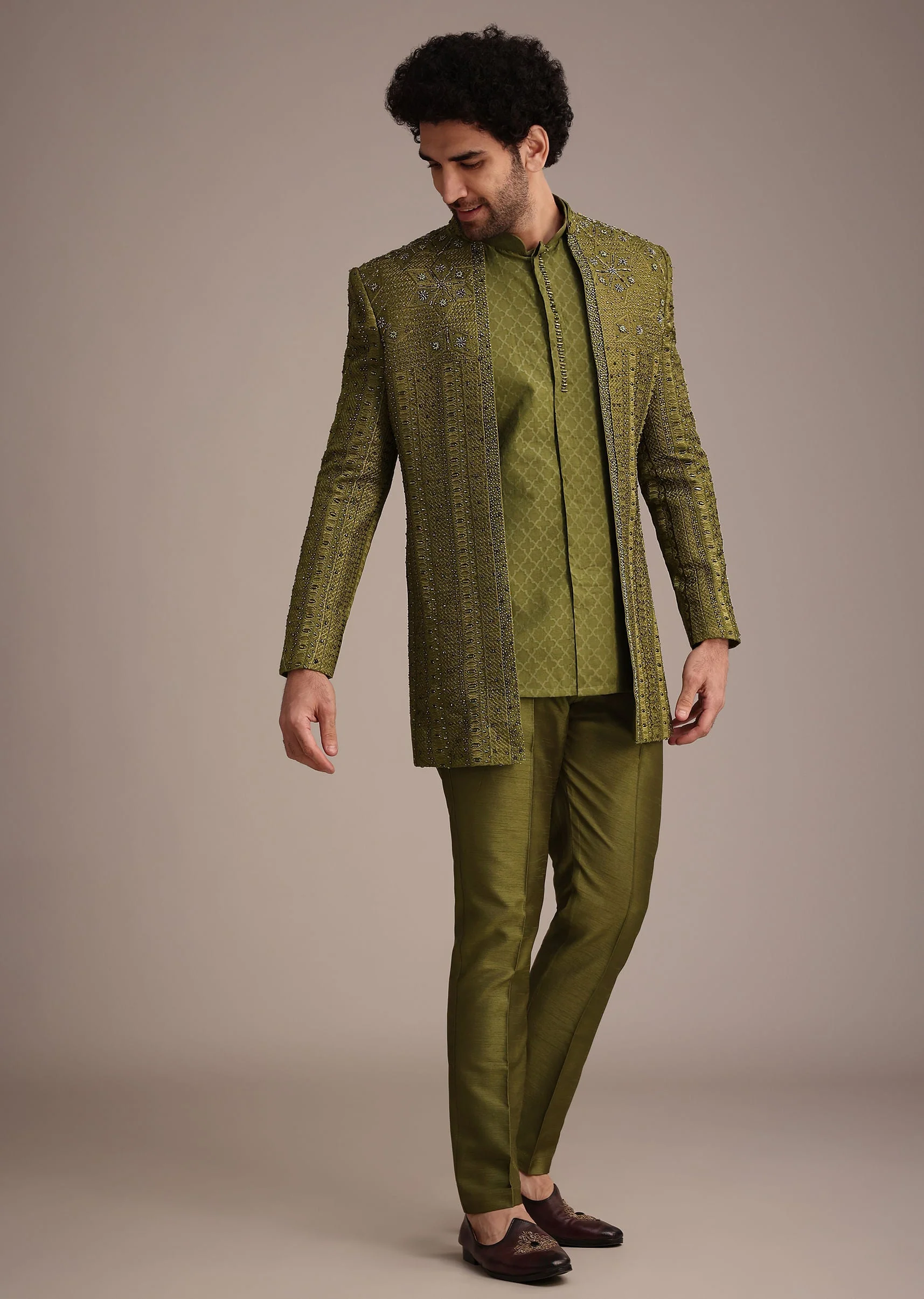 Mehendi Green Silk Zardosi Kurta Jacket Set - Image 3