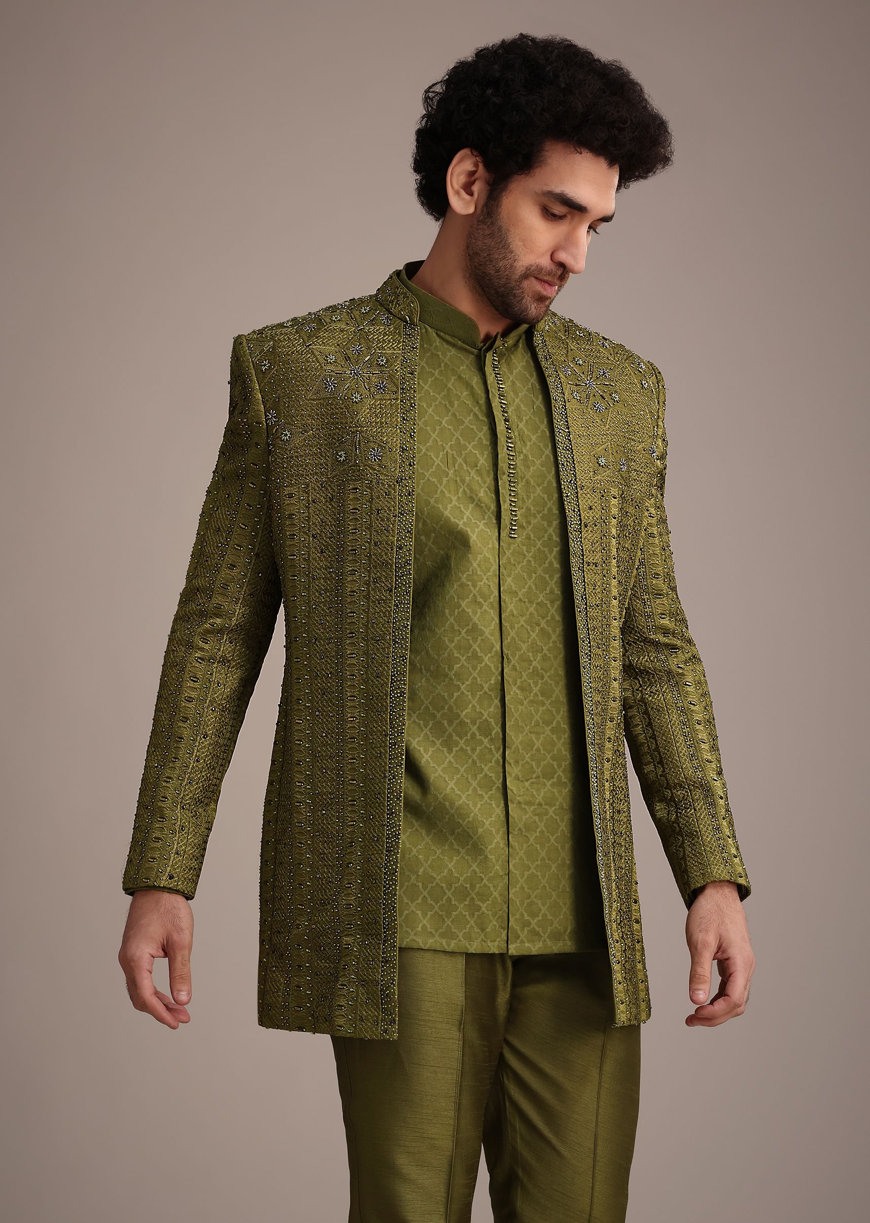 Mehendi Green Silk Zardosi Kurta Jacket Set - Image 4
