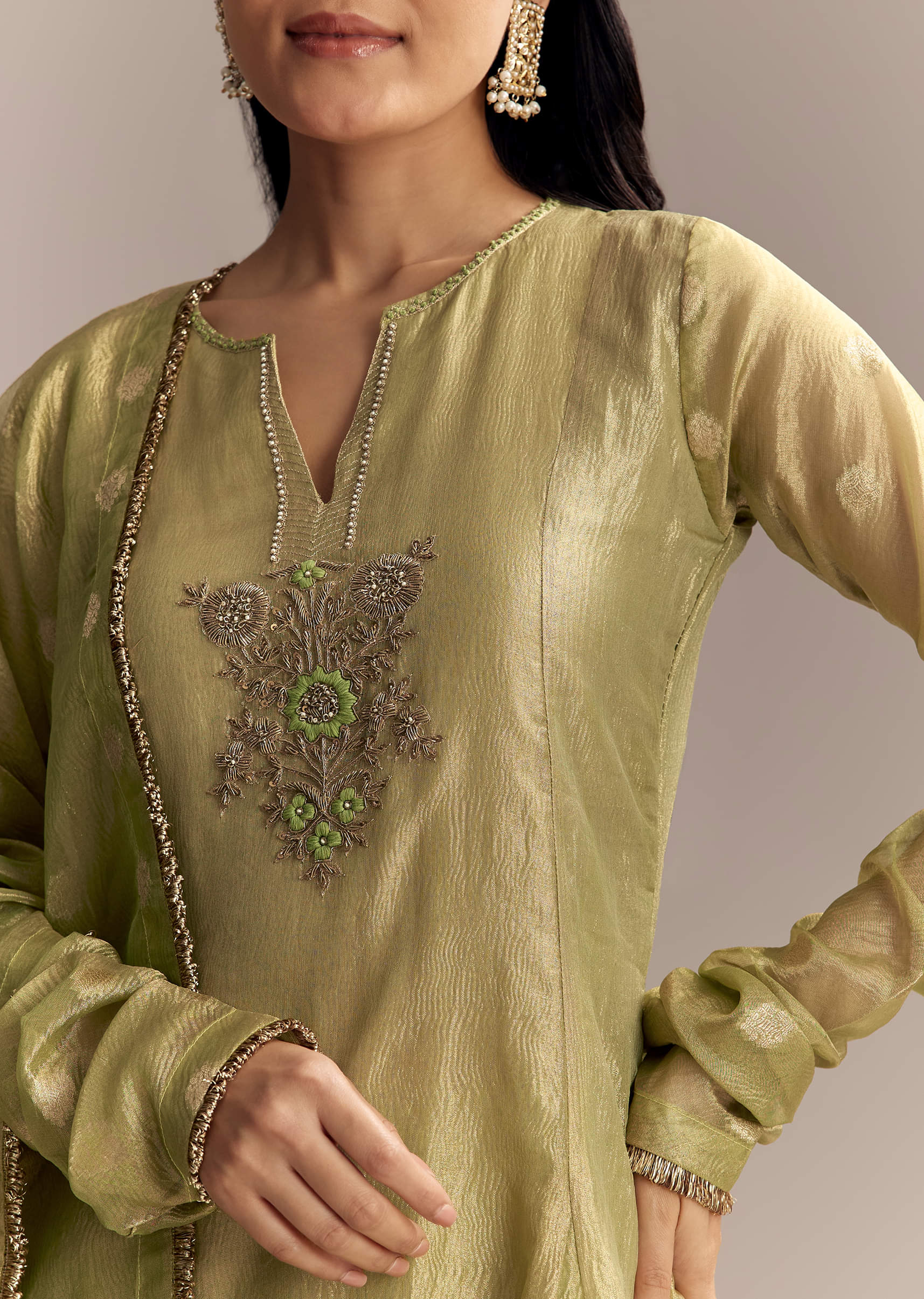 Mehendi Green Tissue Anarkali Suit With Zardosi Work - Image 3