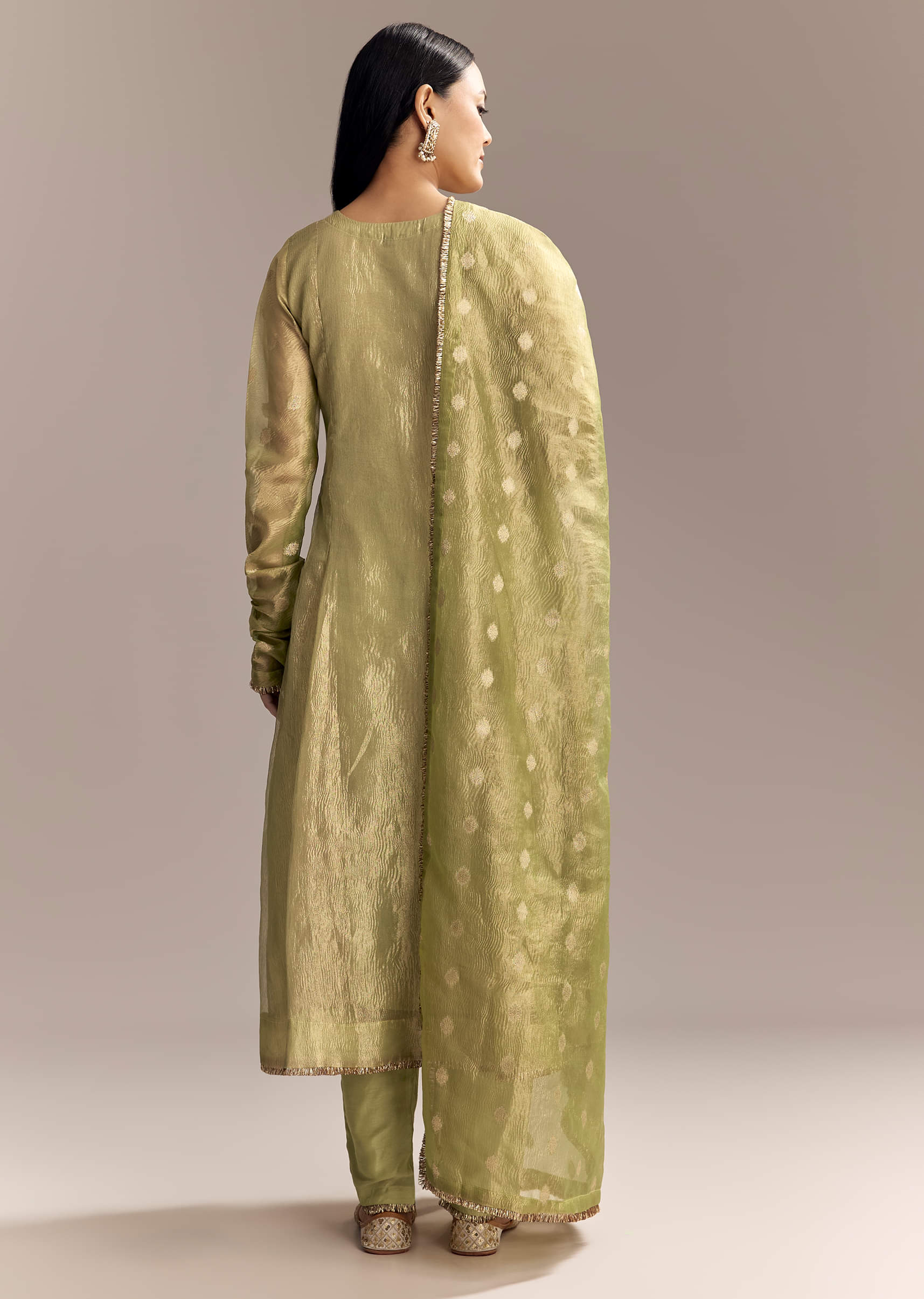 Mehendi Green Tissue Anarkali Suit With Zardosi Work - Image 5