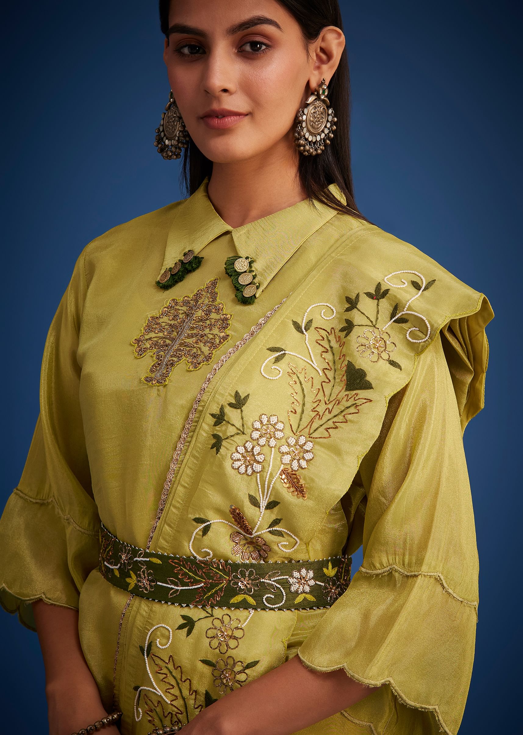 Mehendi Green Tissue Embroidered Dhoti Set - Image 2