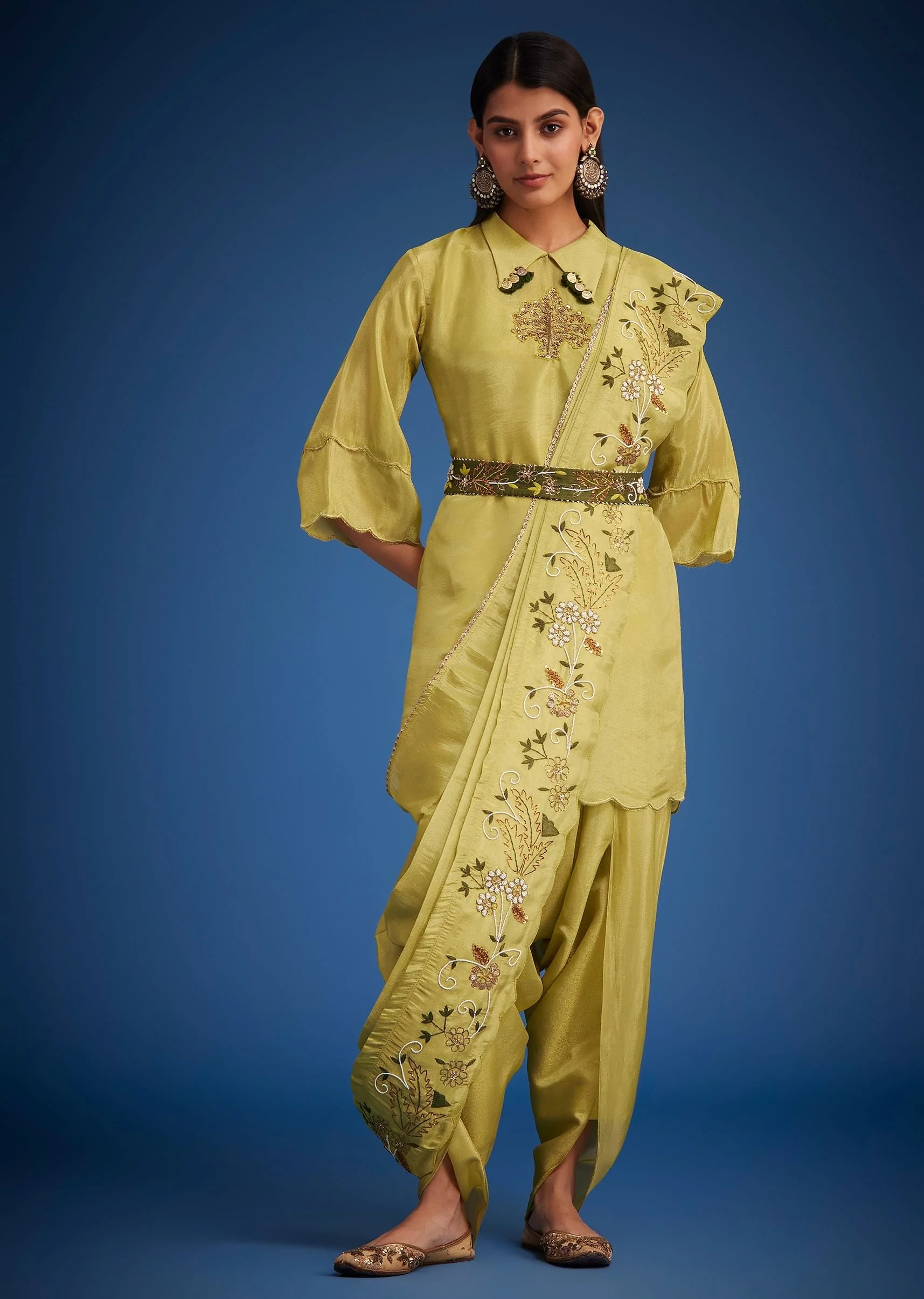 Mehendi Green Tissue Embroidered Dhoti Set - Image 3