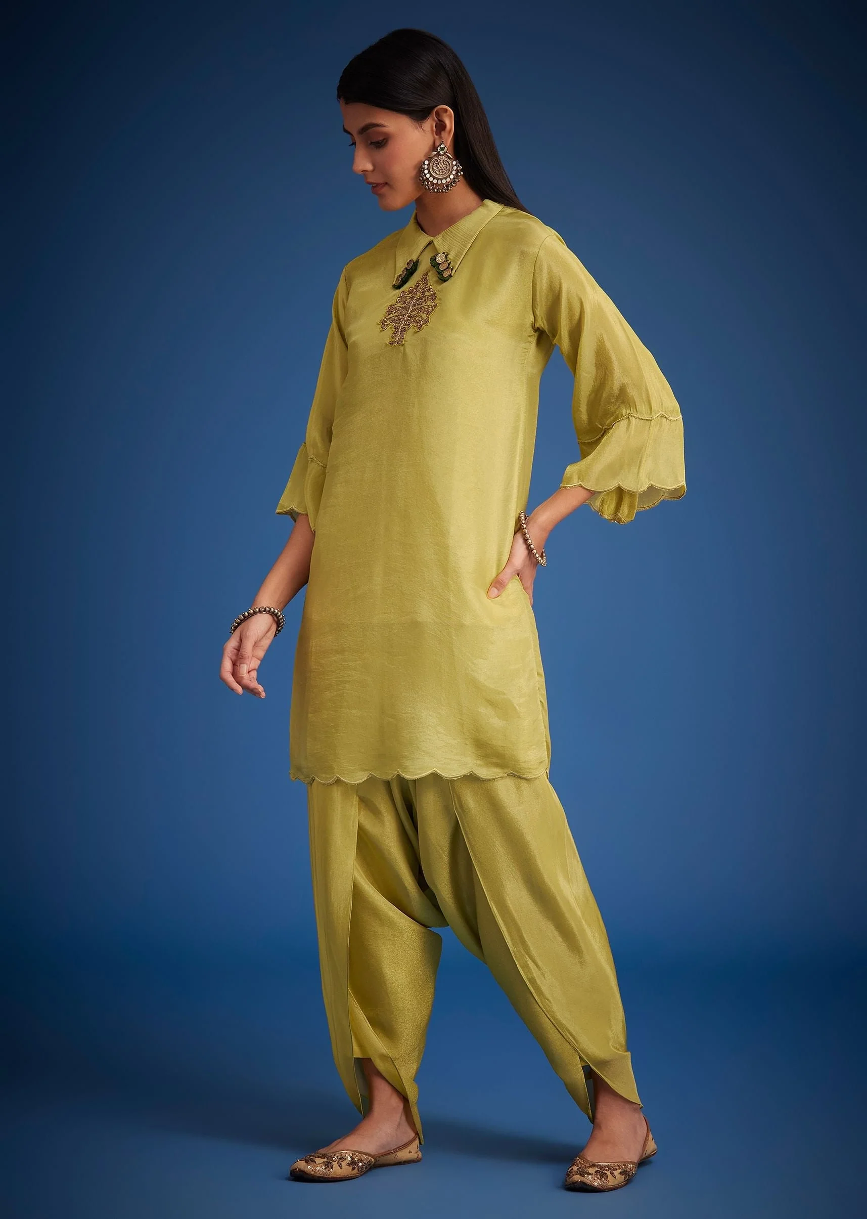 Mehendi Green Tissue Embroidered Dhoti Set - Image 6