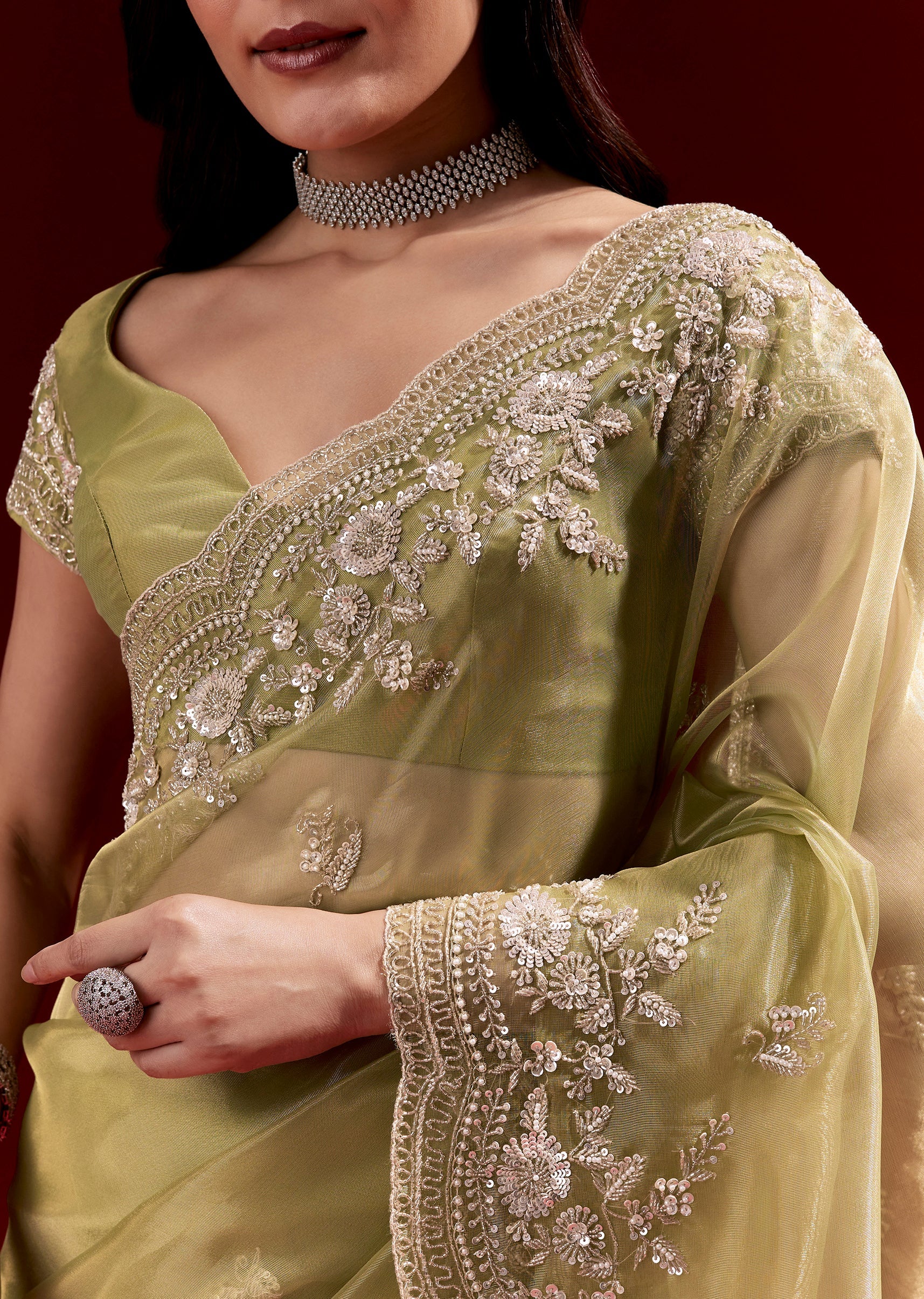 Mehendi Green Tissue Saree With Heavy Floral Scalloped Embroidered Border - Image 2
