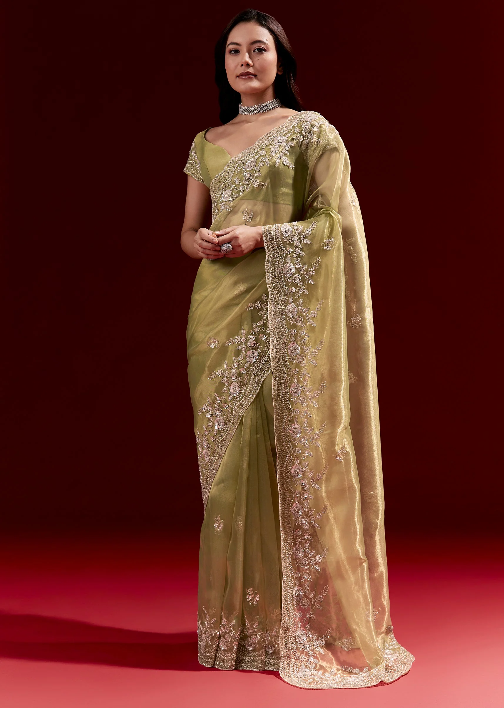 Mehendi Green Tissue Saree With Heavy Floral Scalloped Embroidered Border - Image 3