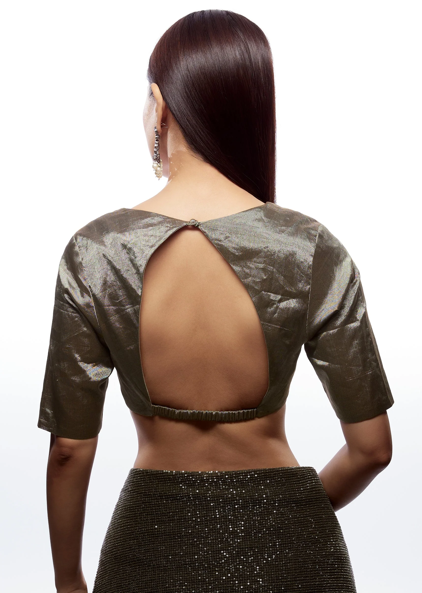 Mehendi Green V Neck Half Sleeve Blouse - Image 2