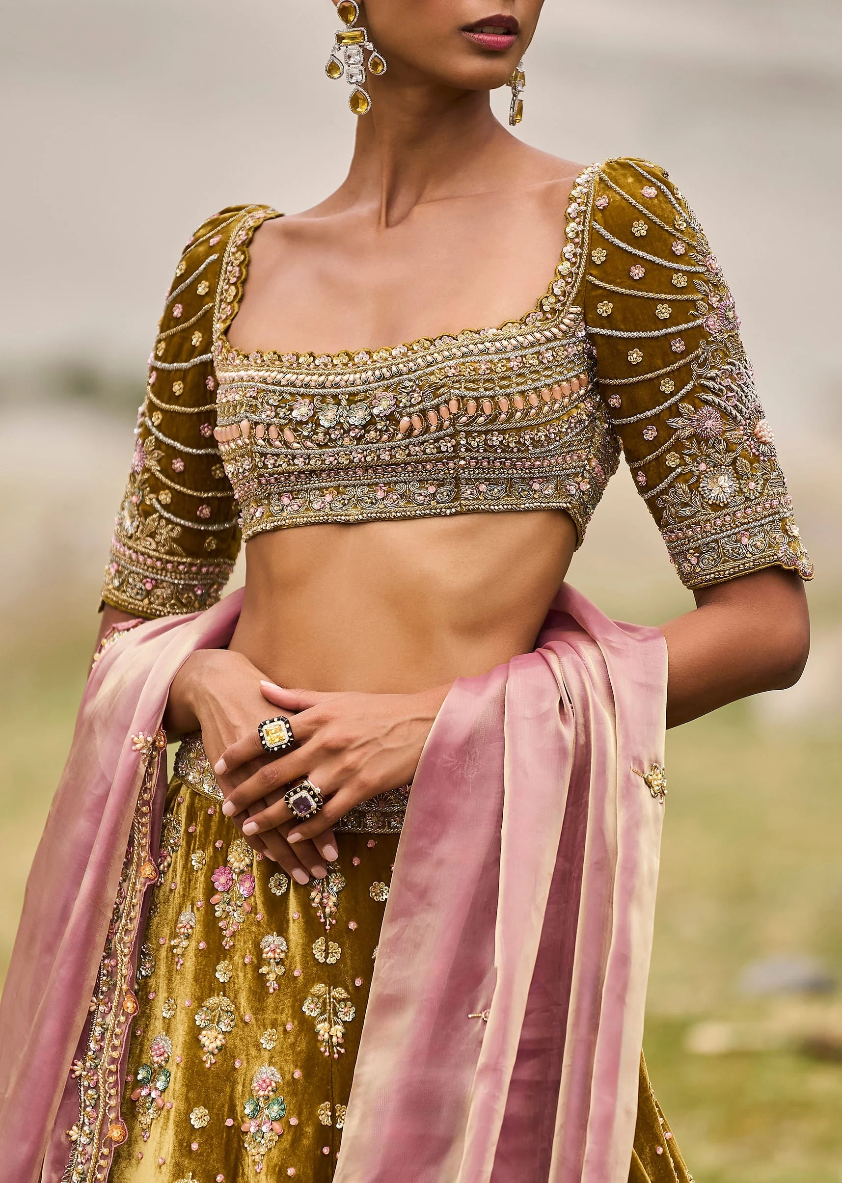 Mehendi Green Velvet Lehenga With Butti Work And Dupatta - Image 2