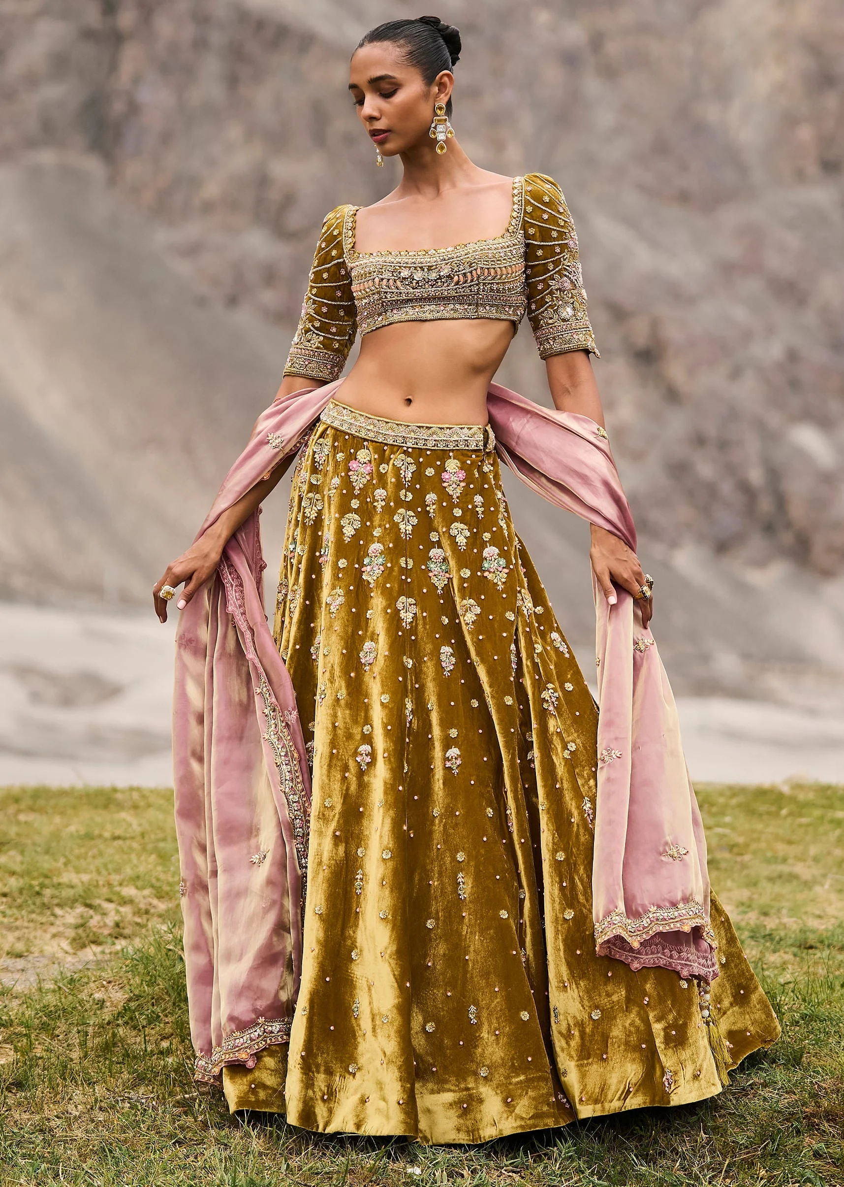 Mehendi Green Velvet Lehenga With Butti Work And Dupatta - Image 3