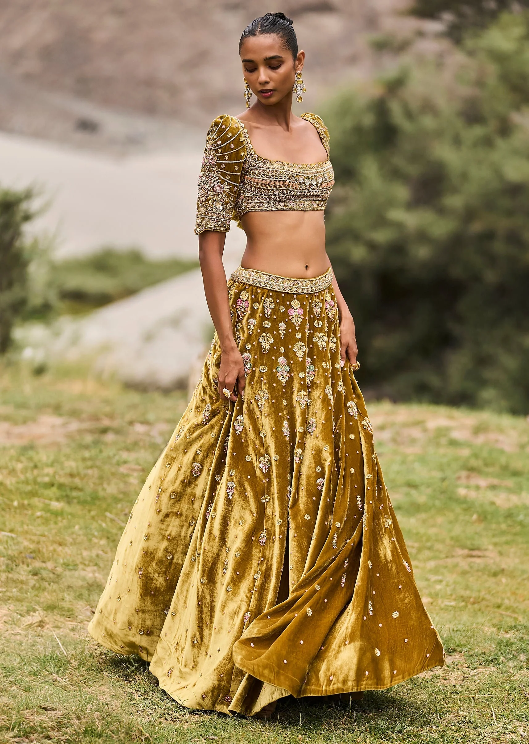 Mehendi Green Velvet Lehenga With Butti Work And Dupatta - Image 4