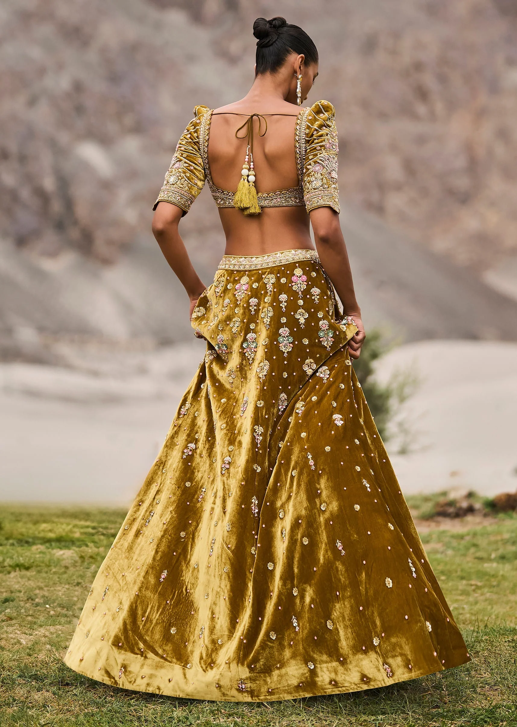 Mehendi Green Velvet Lehenga With Butti Work And Dupatta - Image 5