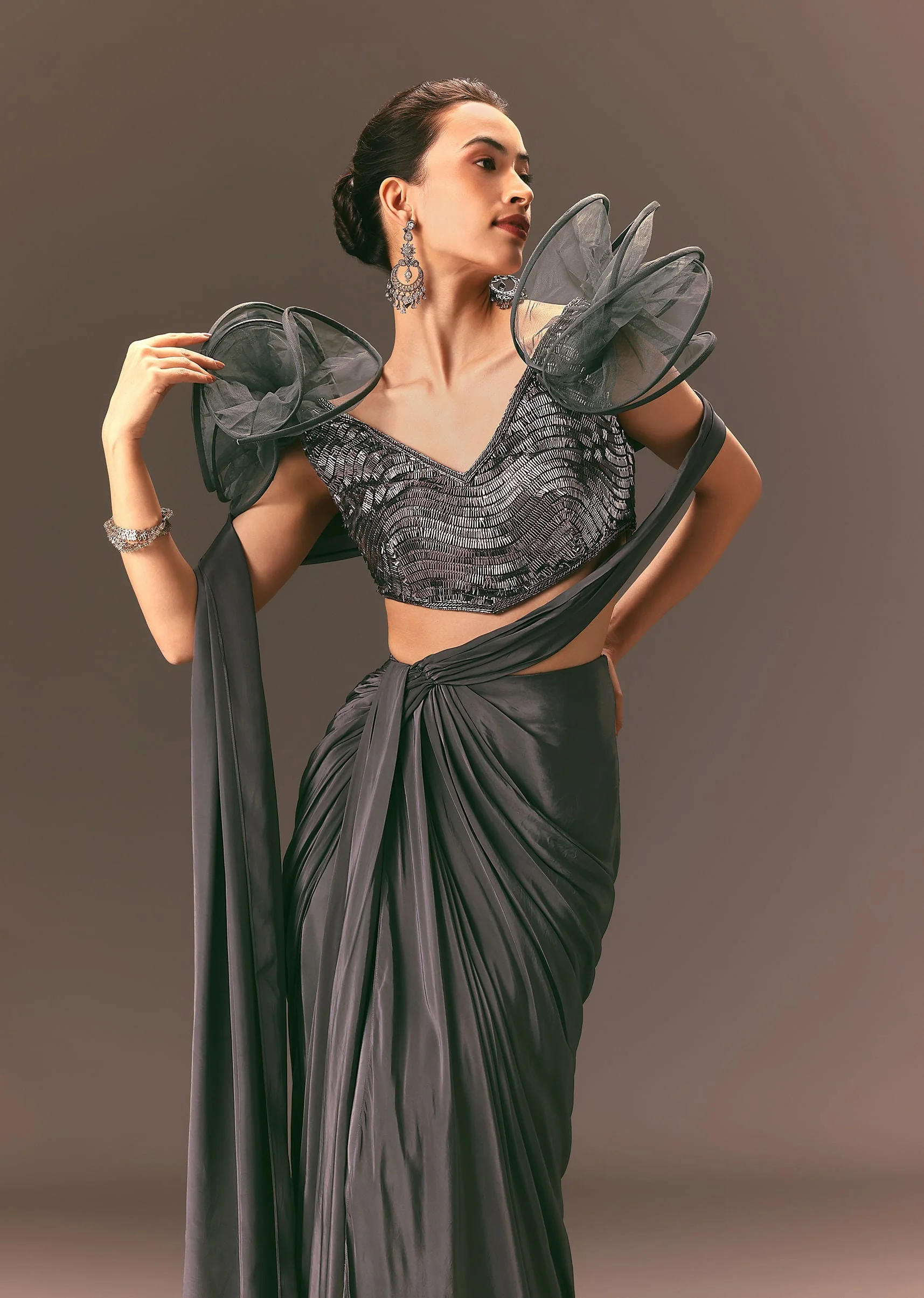 Metallic Pre Draped Saree With 3D Ruffle Blouse - Image 2