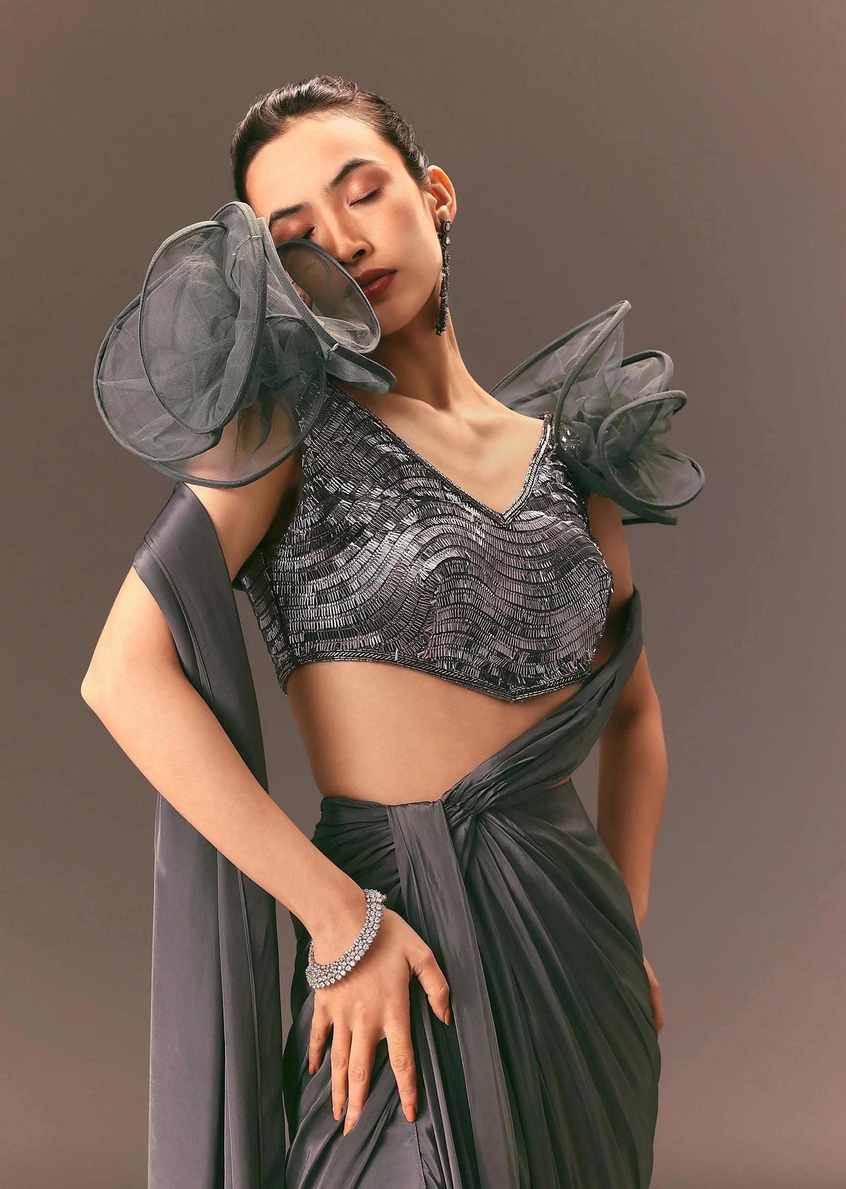 Metallic Pre Draped Saree With 3D Ruffle Blouse - Image 5