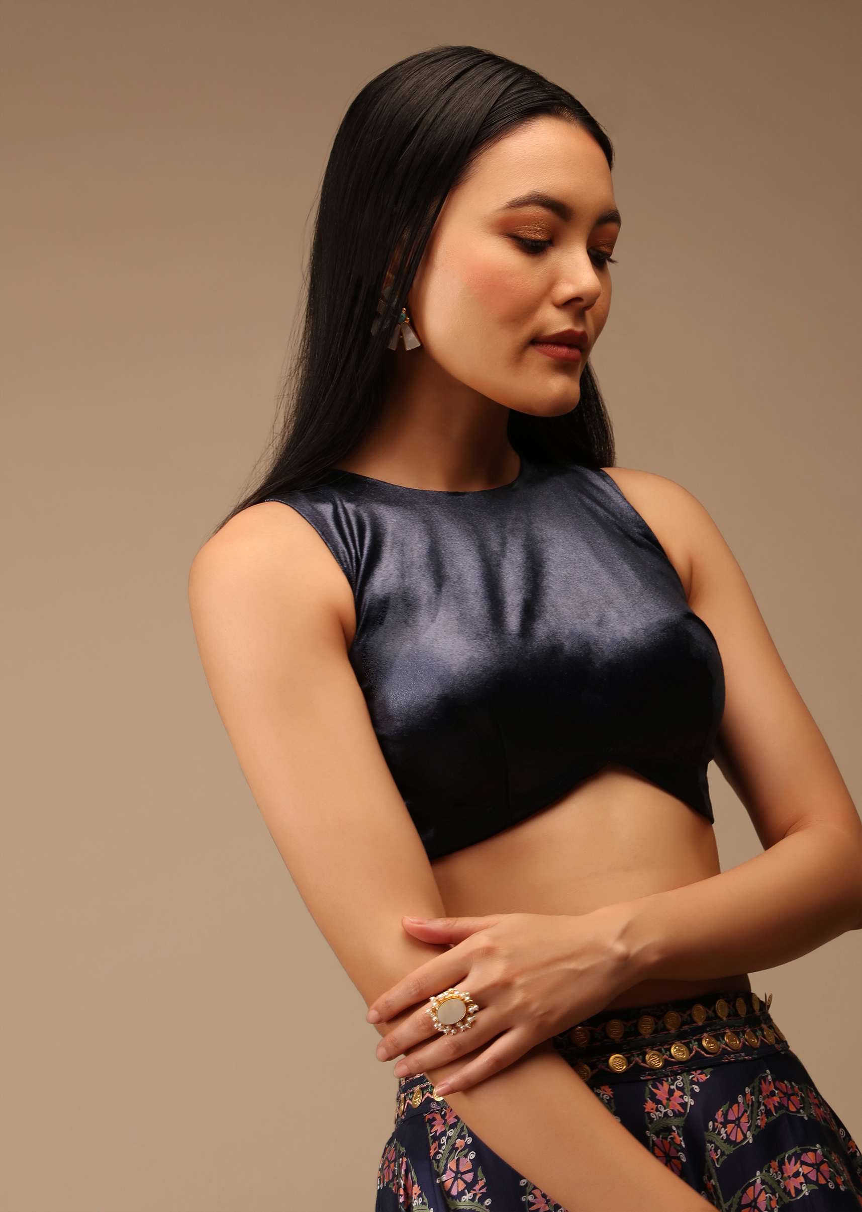 Midnight Blue Blouse In Satin With Curved Hem, Round Neckline And Back Zip Detail - Image 4