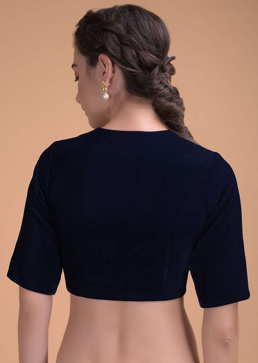 Midnight Blue Blouse In Velvet With A Zari Lace Defining The Neckline - Image 2