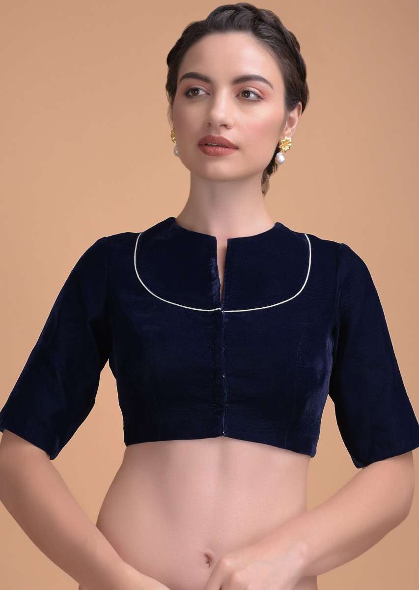 Midnight Blue Blouse In Velvet With A Zari Lace Defining The Neckline - Image 3