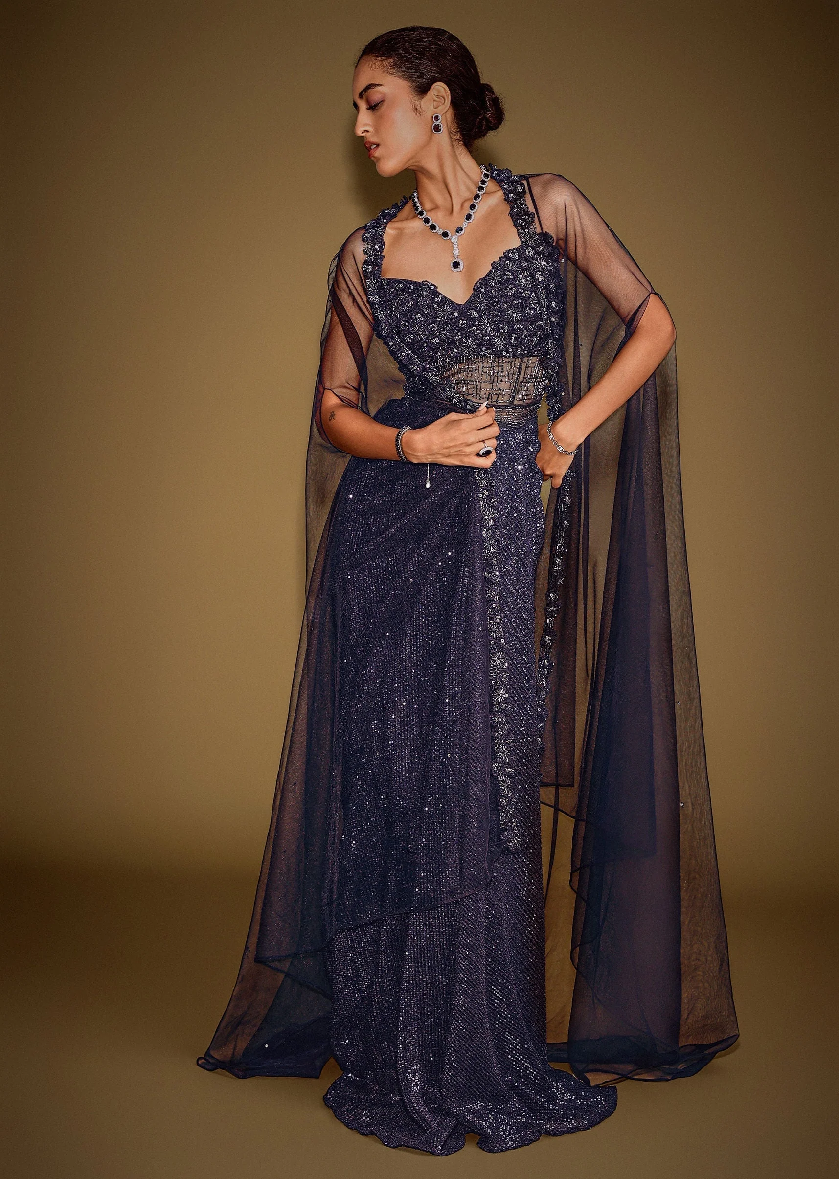 Midnight Blue Corset Gown With Drape And Embroidered Cape - Image 2