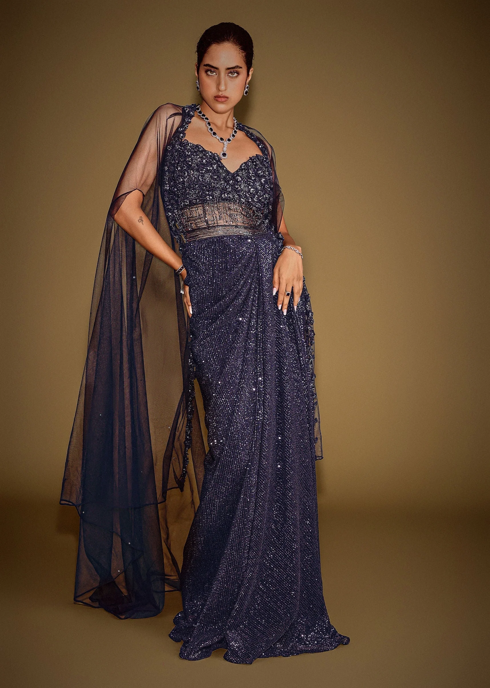 Midnight Blue Corset Gown With Drape And Embroidered Cape - Image 4