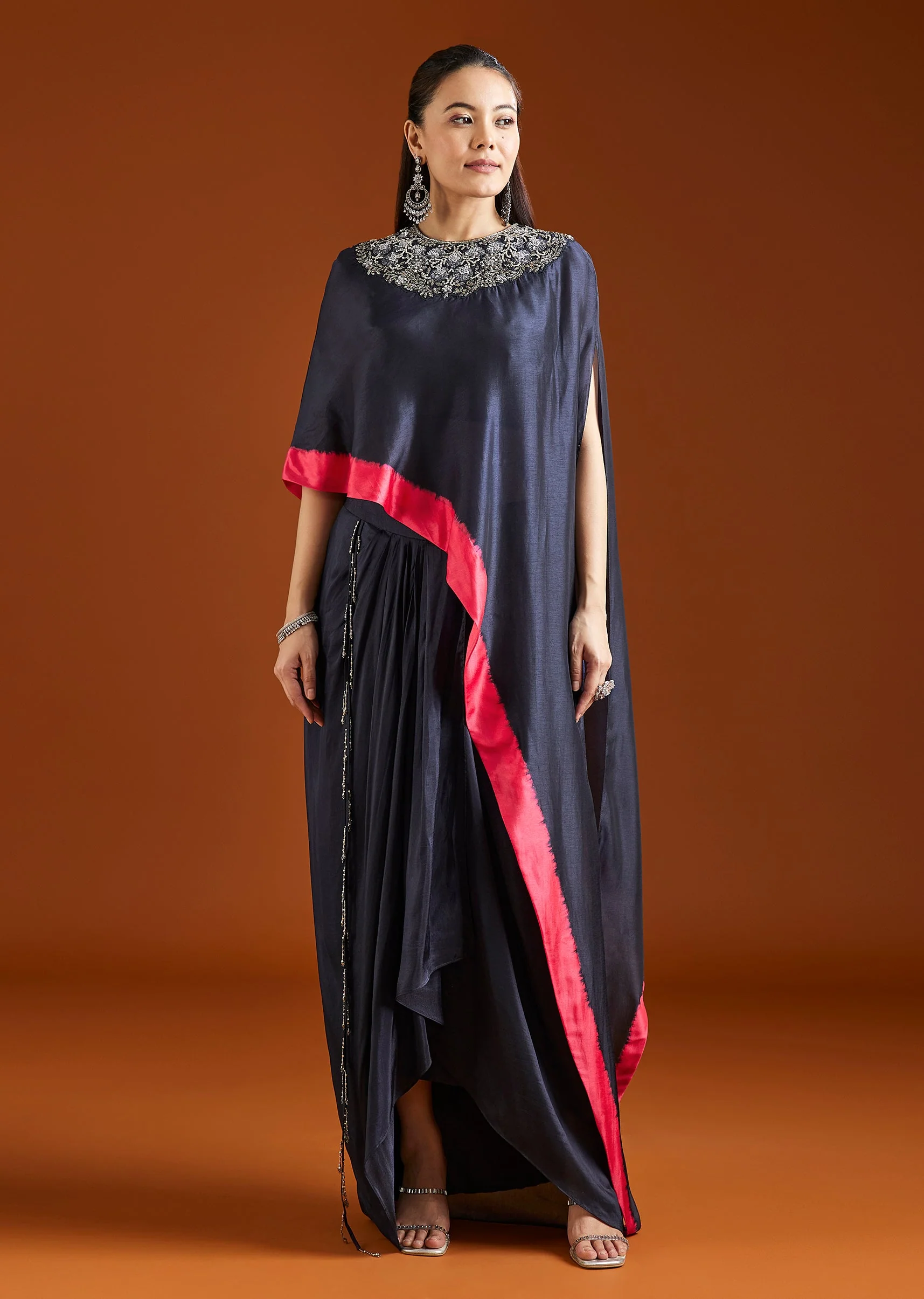 Midnight Blue Embellished Silk Blend Crop Top Skirt Set