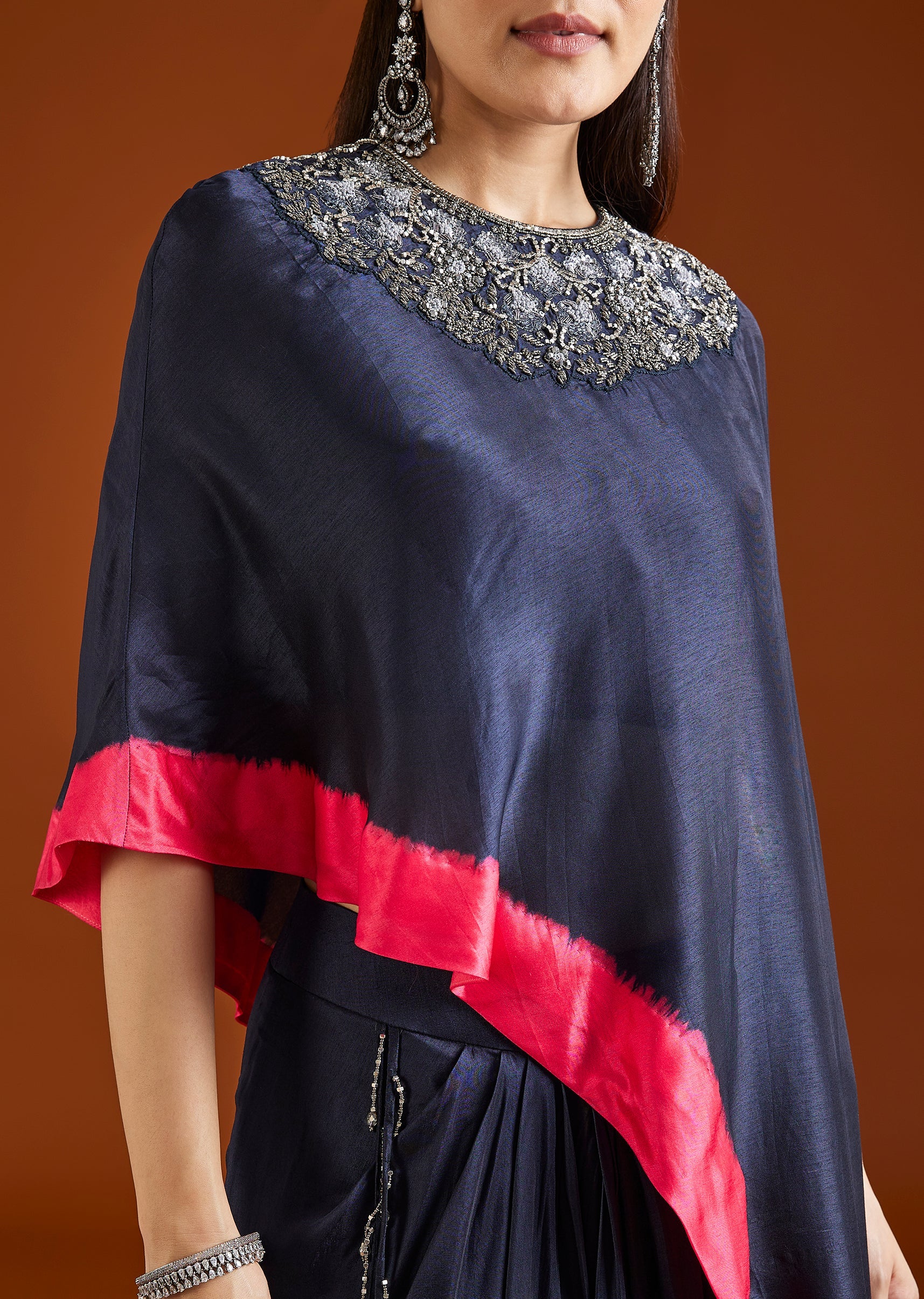 Midnight Blue Embellished Silk Blend Crop Top Skirt Set - Image 2
