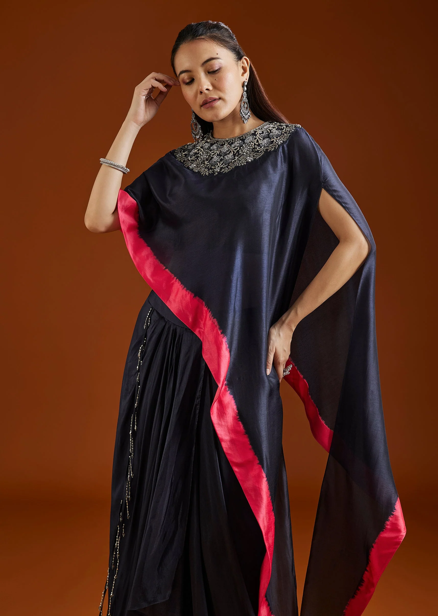 Midnight Blue Embellished Silk Blend Crop Top Skirt Set - Image 4