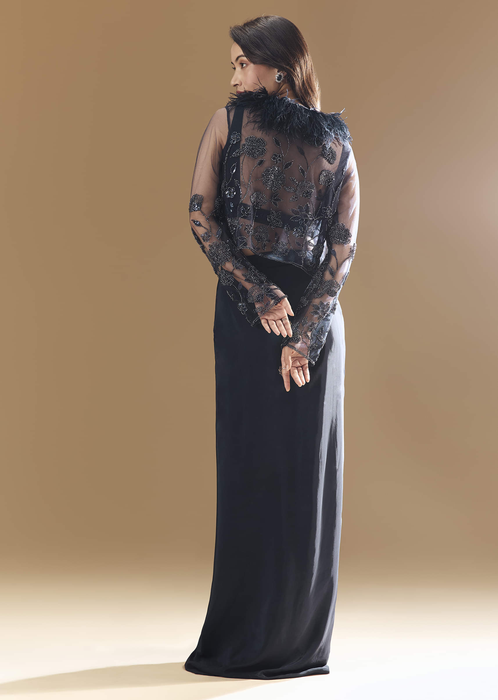 Midnight Blue Feather Embellished Crop Top Skirt Set with Jacket - Image 2