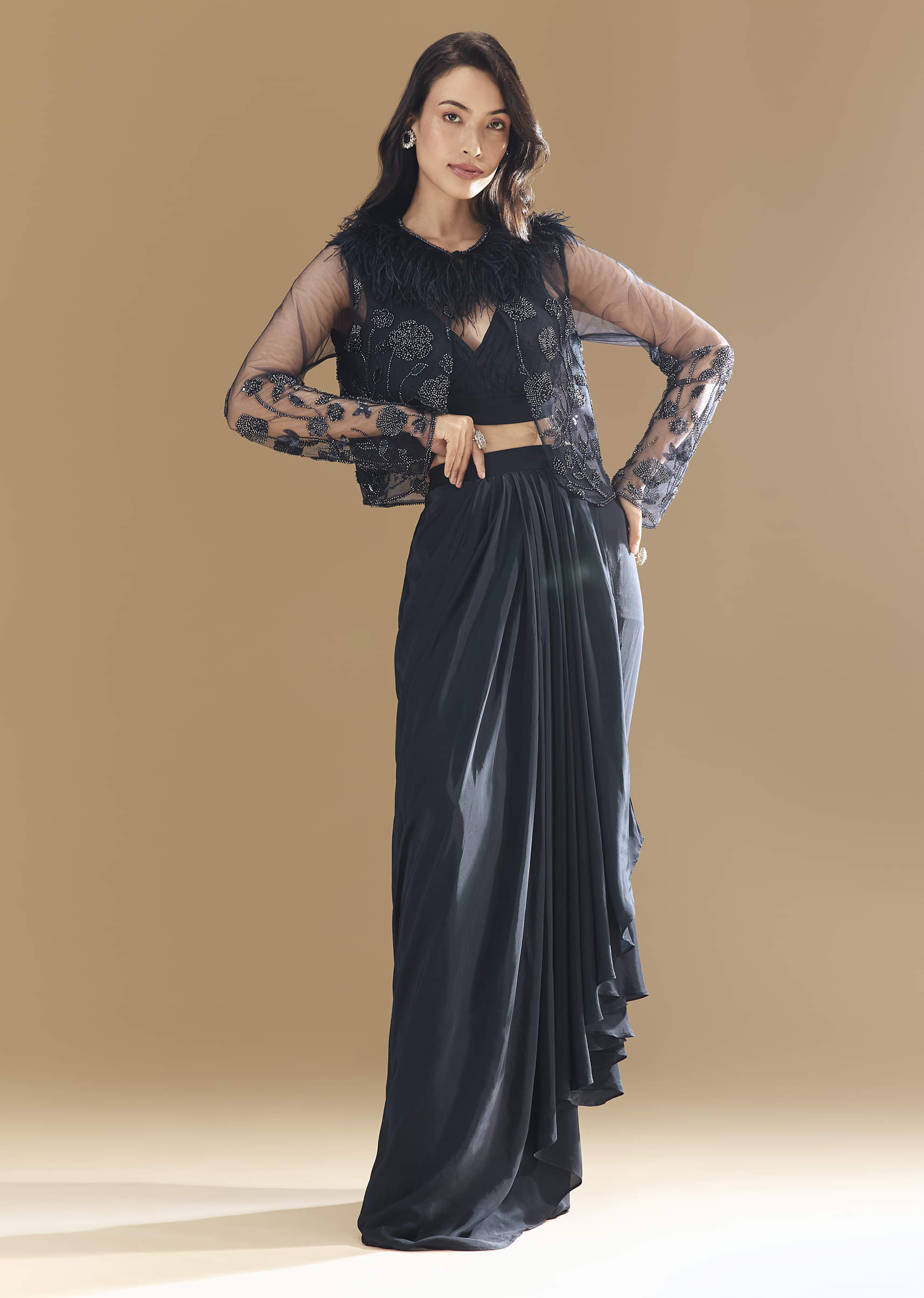 Midnight Blue Feather Embellished Crop Top Skirt Set with Jacket - Image 4