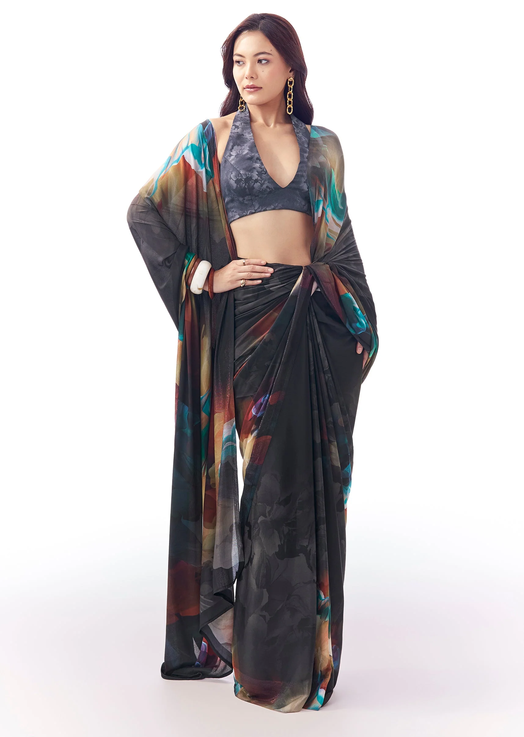 Midnight Blue Georgette Saree With Multicolour Floral Print