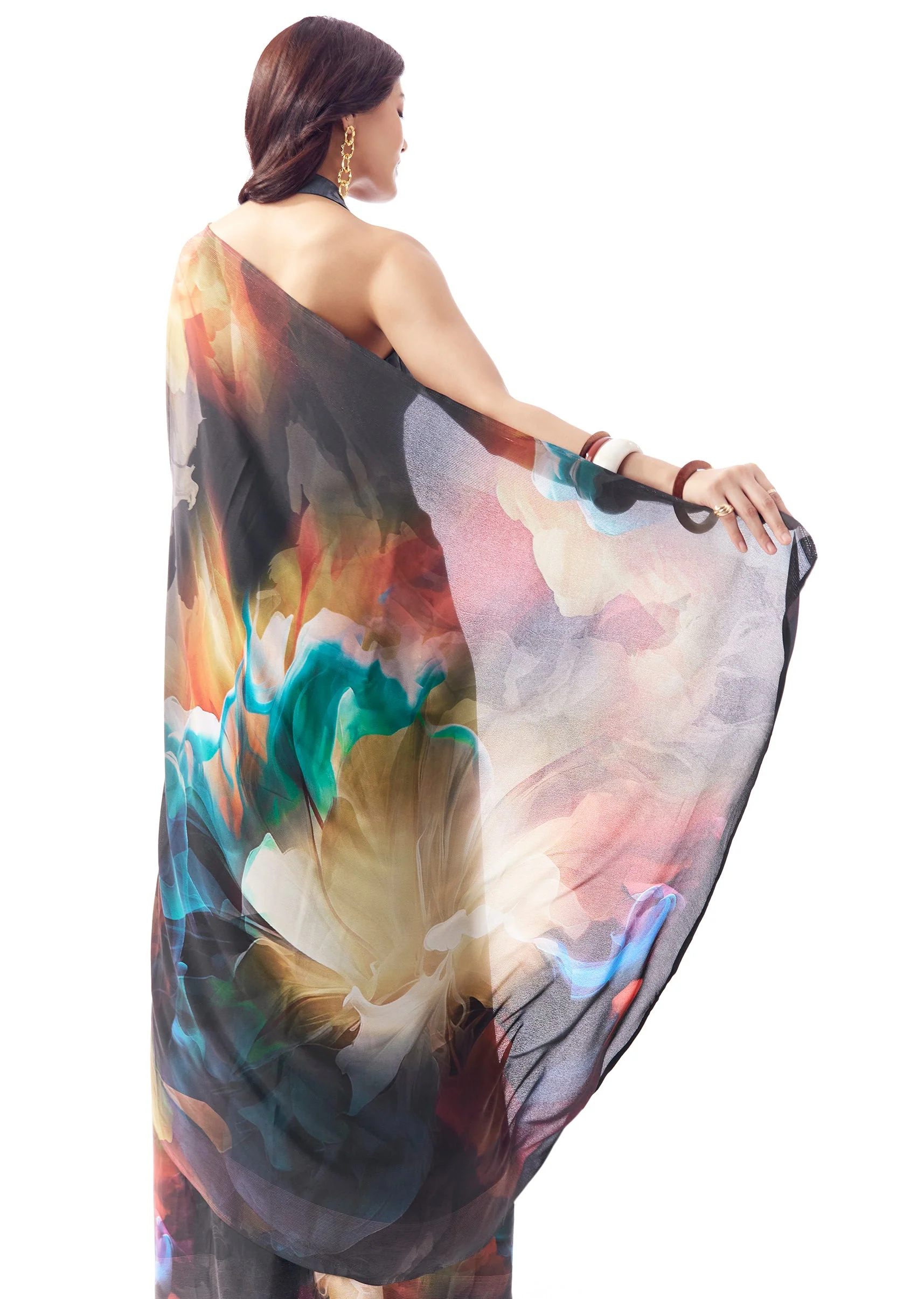 Midnight Blue Georgette Saree With Multicolour Floral Print - Image 6
