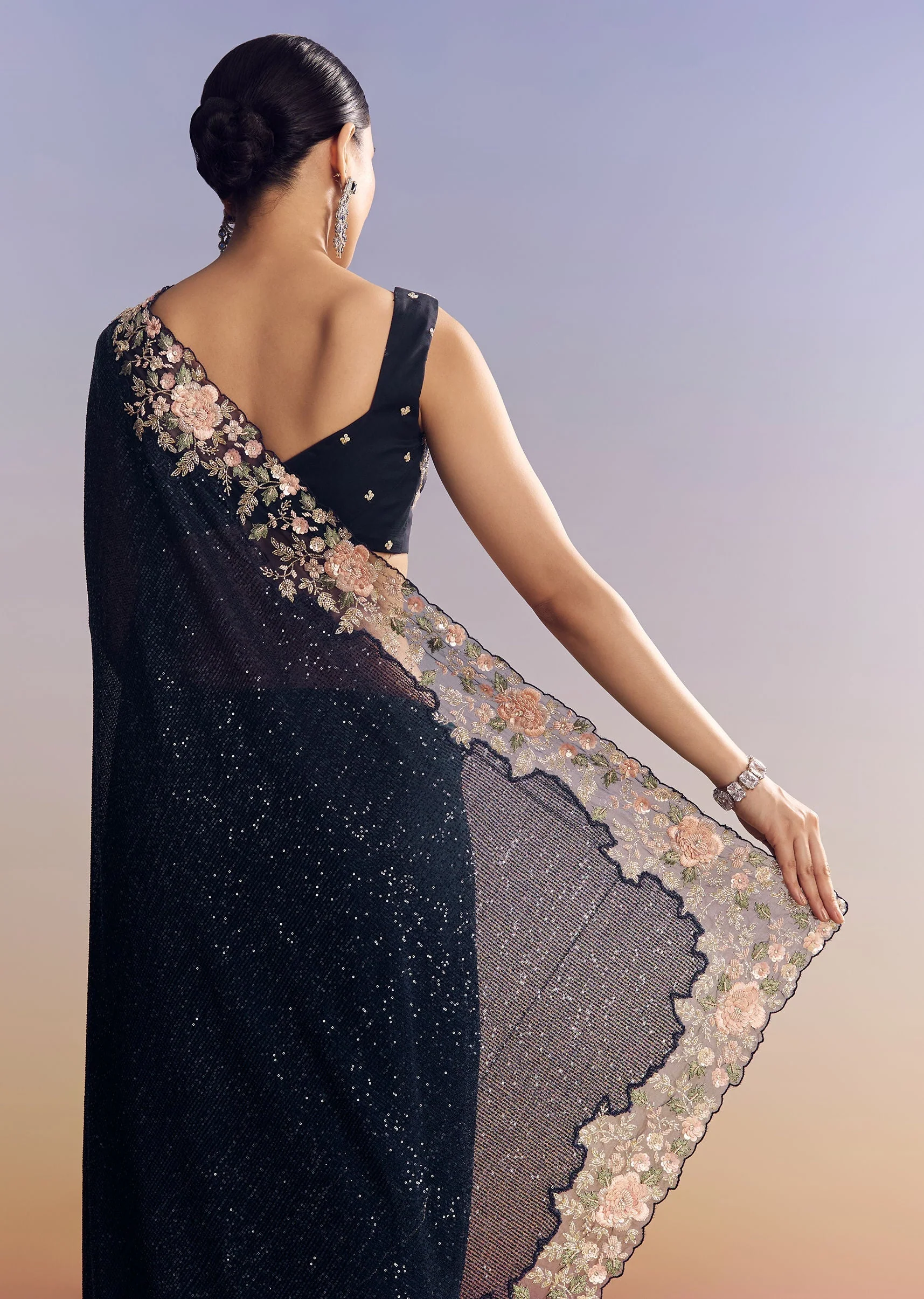 Midnight Blue Half And Half Saree With Floral Sequin Embroidery - Image 4