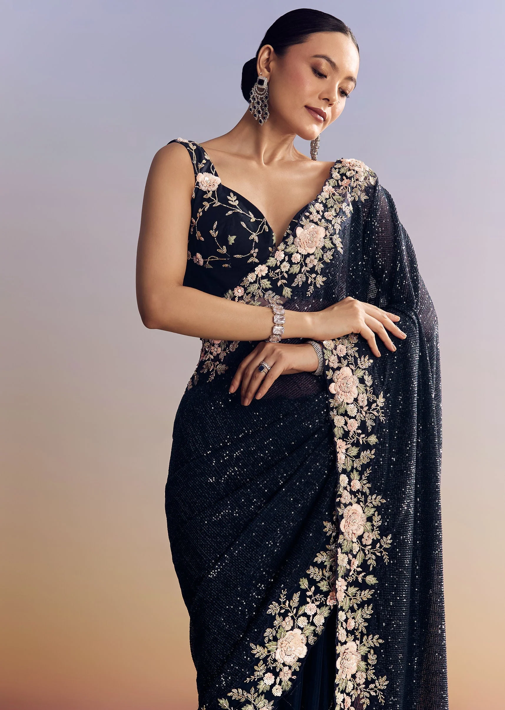 Midnight Blue Half And Half Saree With Floral Sequin Embroidery - Image 5