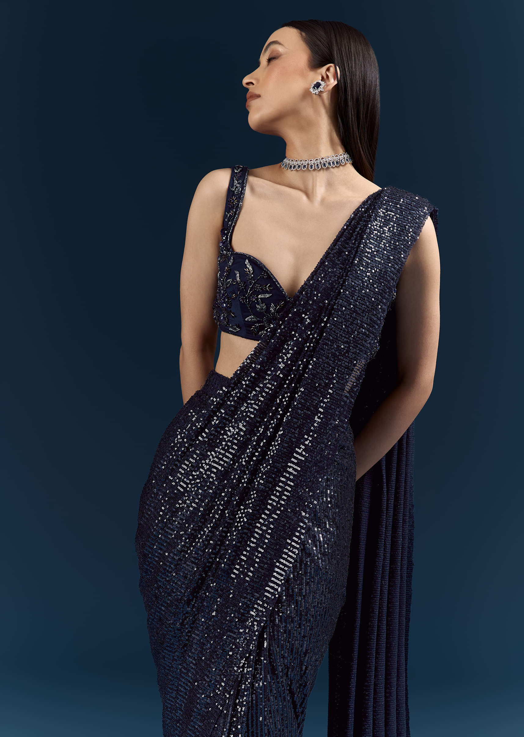 Midnight Blue Imported Sequins And Net Ready Pleated Saree With Embroidery - Image 3