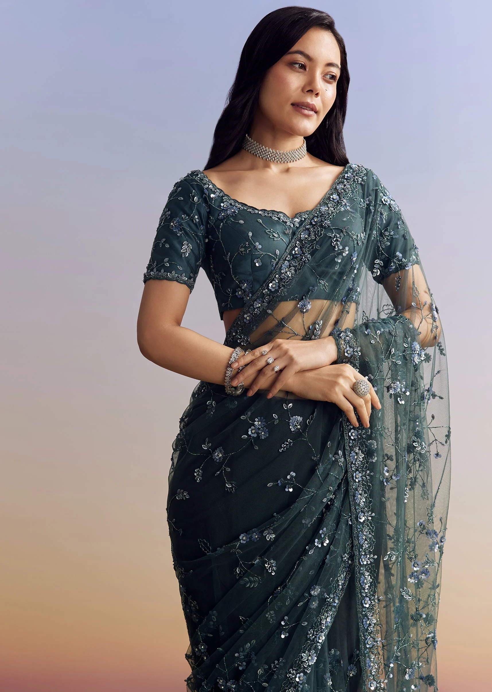 Midnight Blue Net Saree With Floral Jaal And Statement Embroidery - Image 5