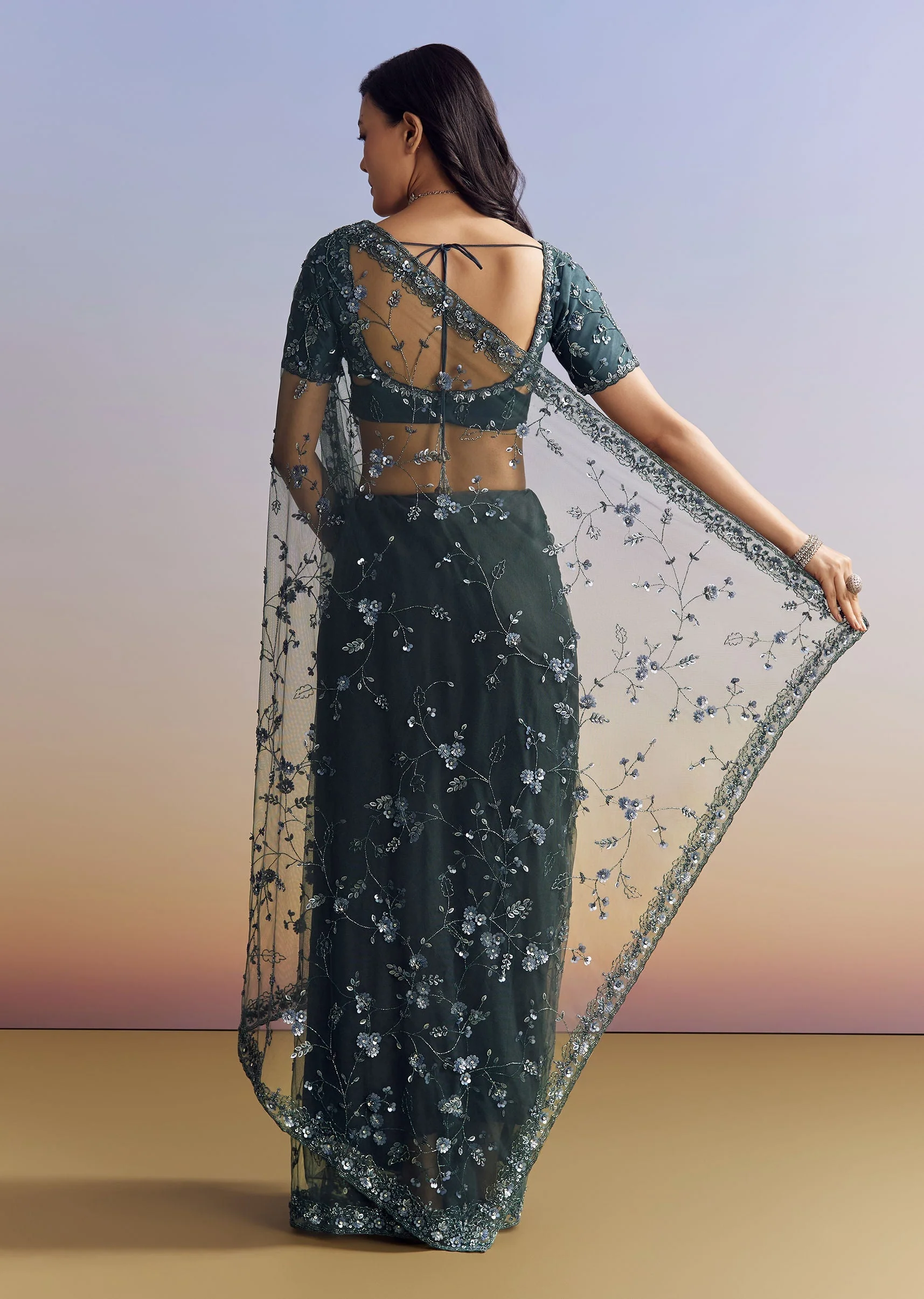 Midnight Blue Net Saree With Floral Jaal And Statement Embroidery - Image 6
