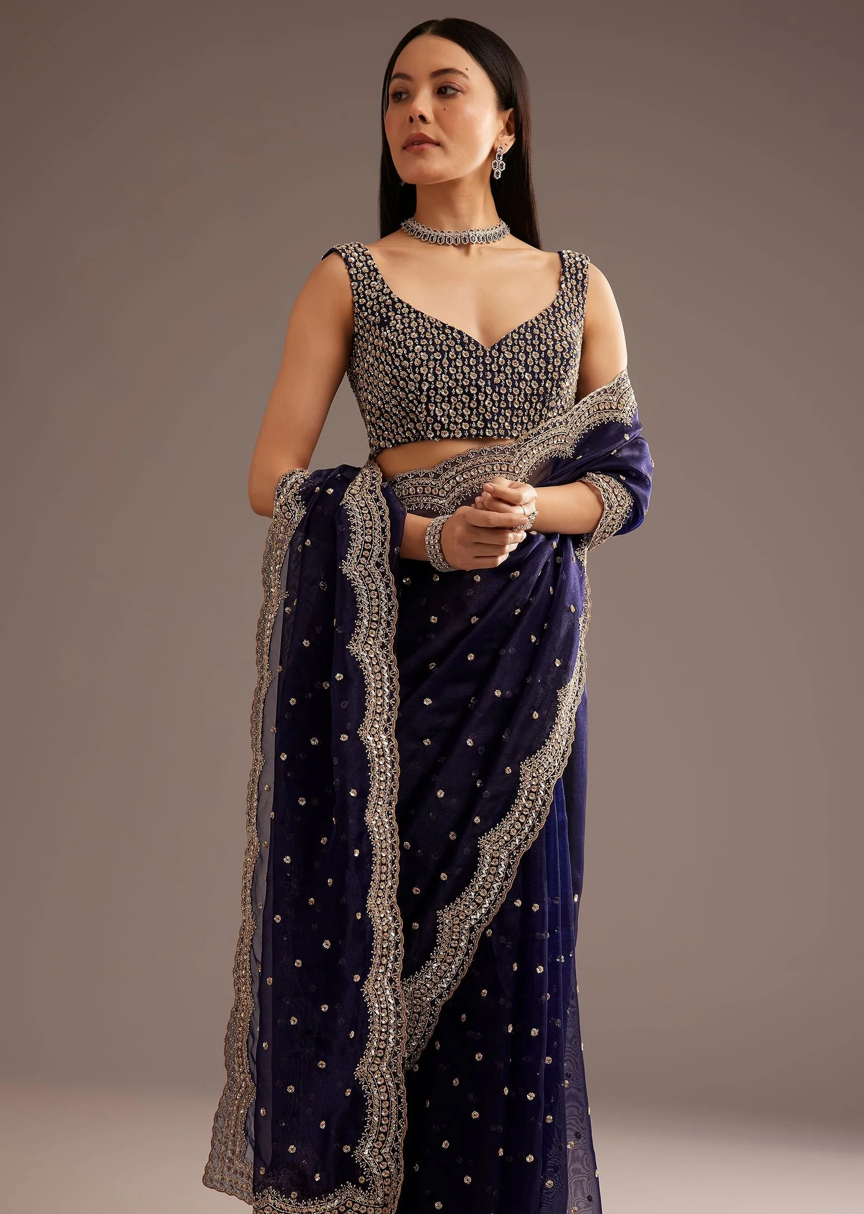 Midnight Blue Organza Tissue Saree With Sequin And Cutdana Embroidery - Image 2