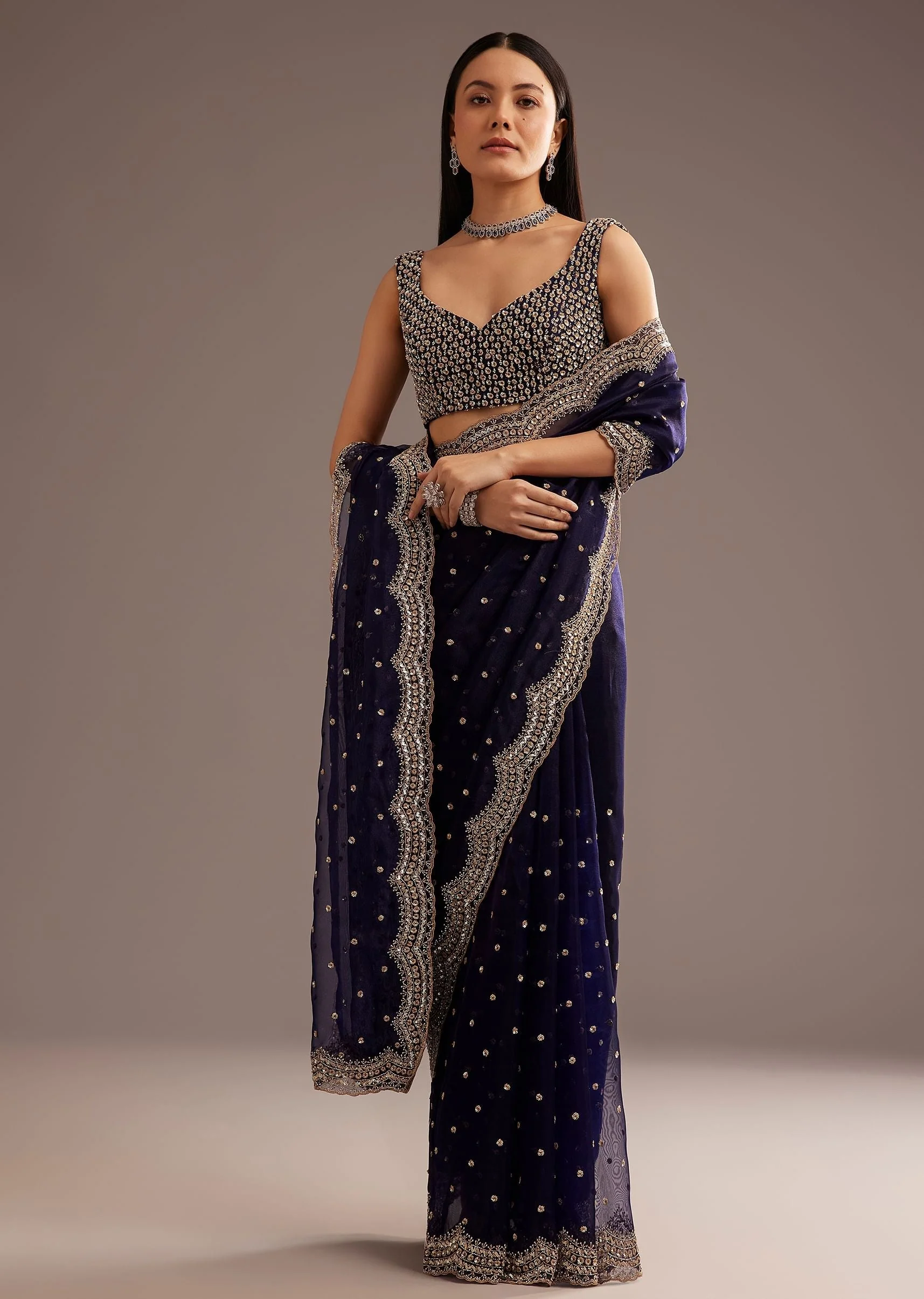 Midnight Blue Organza Tissue Saree With Sequin And Cutdana Embroidery - Image 3