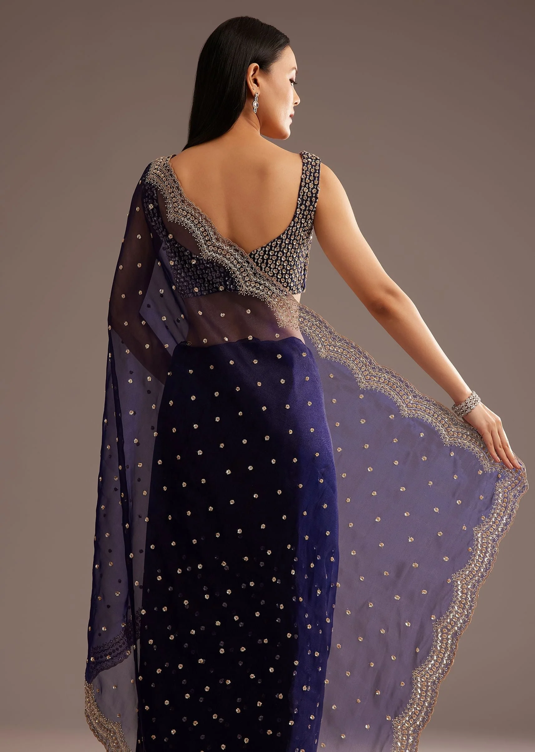 Midnight Blue Organza Tissue Saree With Sequin And Cutdana Embroidery - Image 4