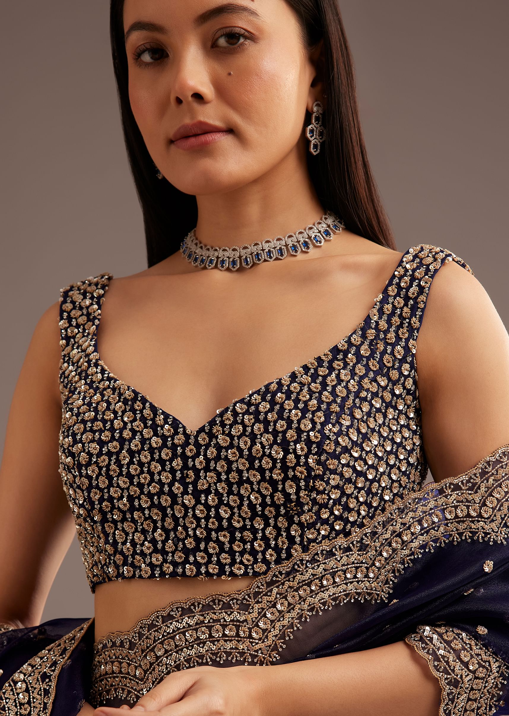 Midnight Blue Organza Tissue Saree With Sequin And Cutdana Embroidery - Image 5