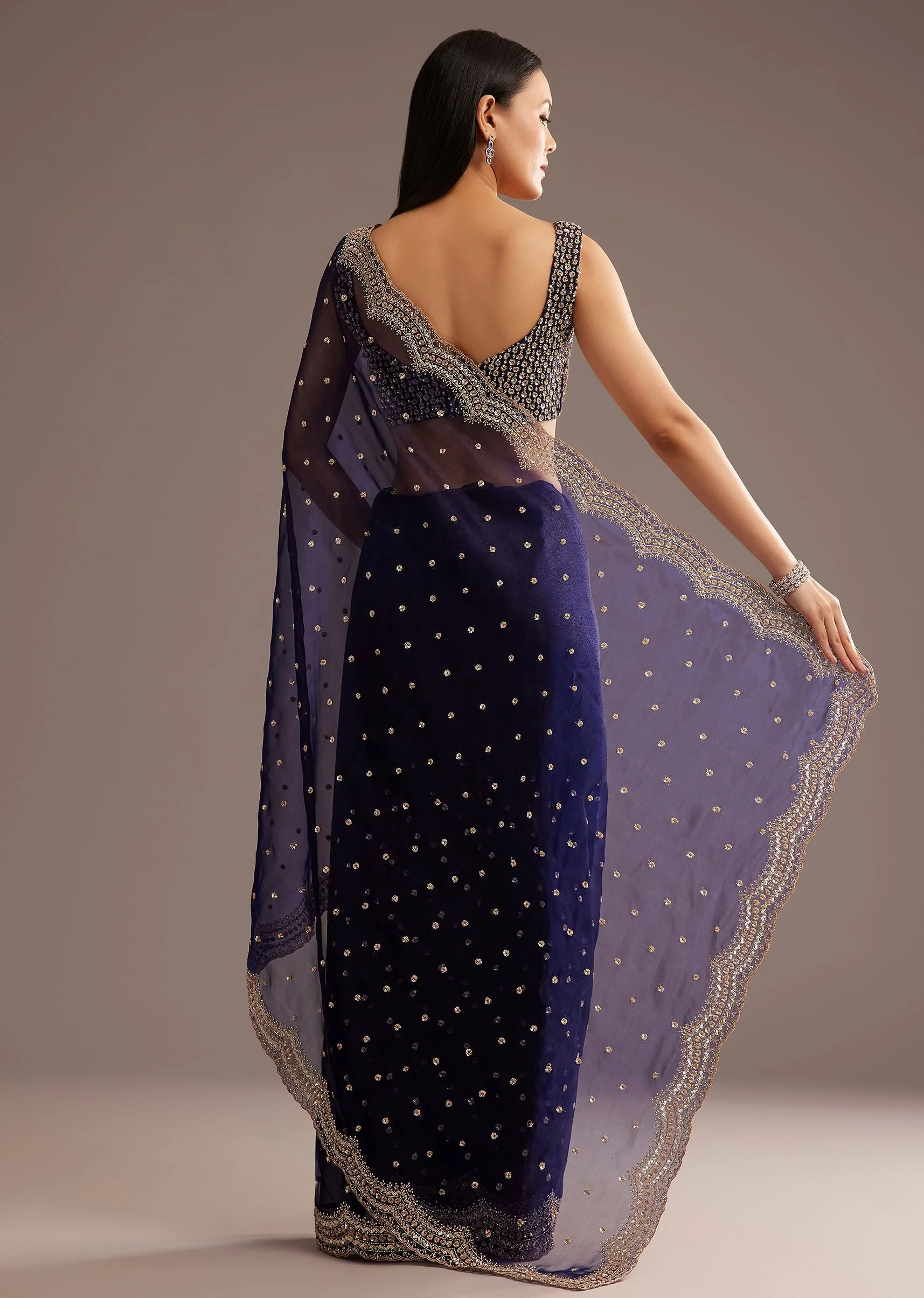 Midnight Blue Organza Tissue Saree With Sequin And Cutdana Embroidery - Image 6