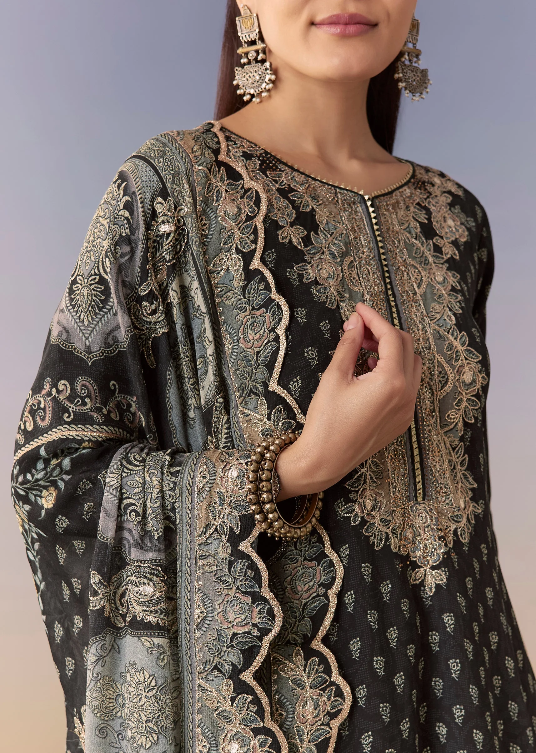 Midnight Blue Printed Sharara Suit Set With Dupatta - Image 2